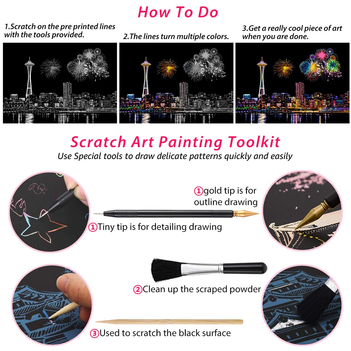 Scratch Art for Teens & Adults, Rainbow Engraving Painting Landscape Scratchboard(A4) Crafts Set: 8 Sheets with 4 tools - New Yo