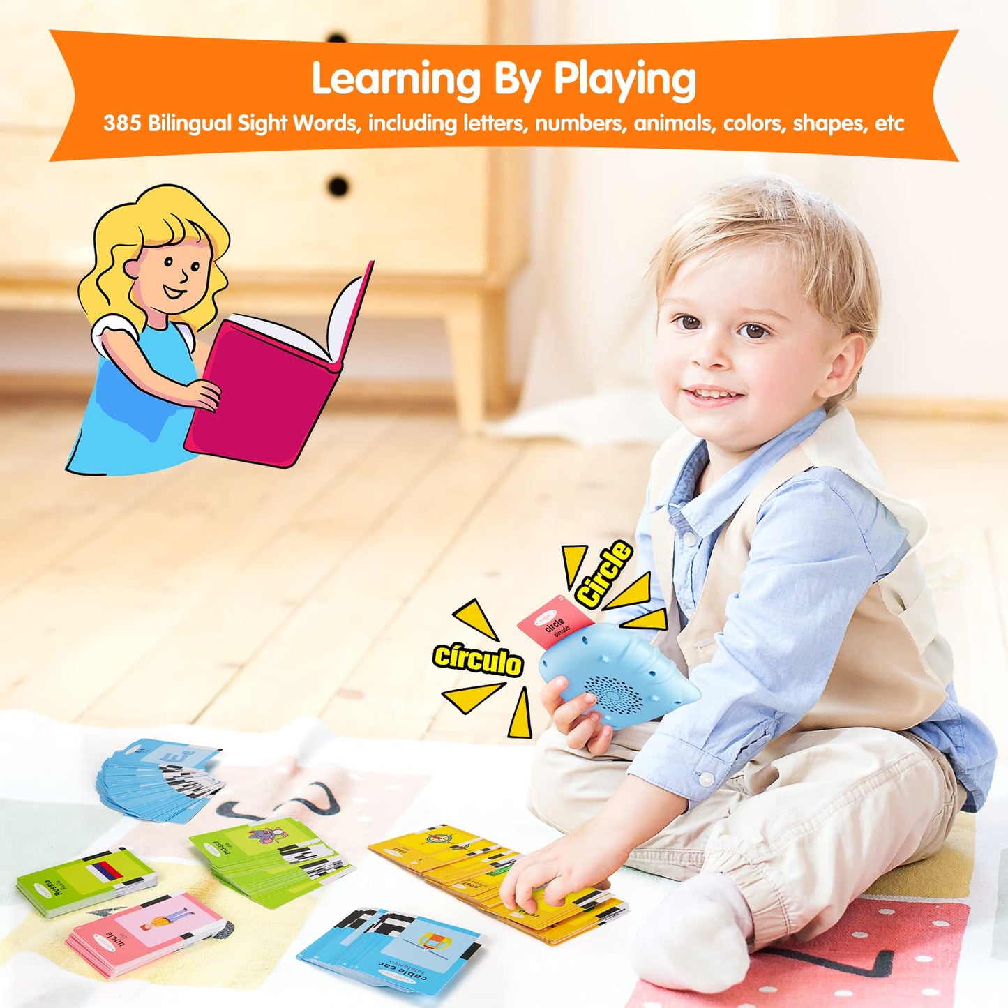 Ednzion Bilingual Talking Flash Cards With 385 Sight Words (English/Spanish, Letters And Numbers), Montessori Educational Learning Interactive Toddler Toys, Speech Therapy Autism Sensory Toys, Blue
