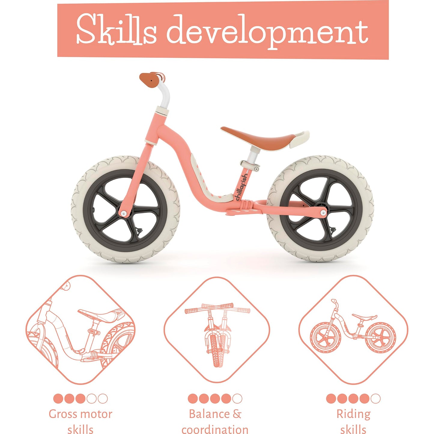 Chillafish Charlie Lux Lightweight Balance Bike Trainer For Children 2 To 5-Years, With Carry Handle, Integrated Footrest, Adjustable Seat, Handlebar, And No-Puncture 12-Inch Eva Tires, Salmon
