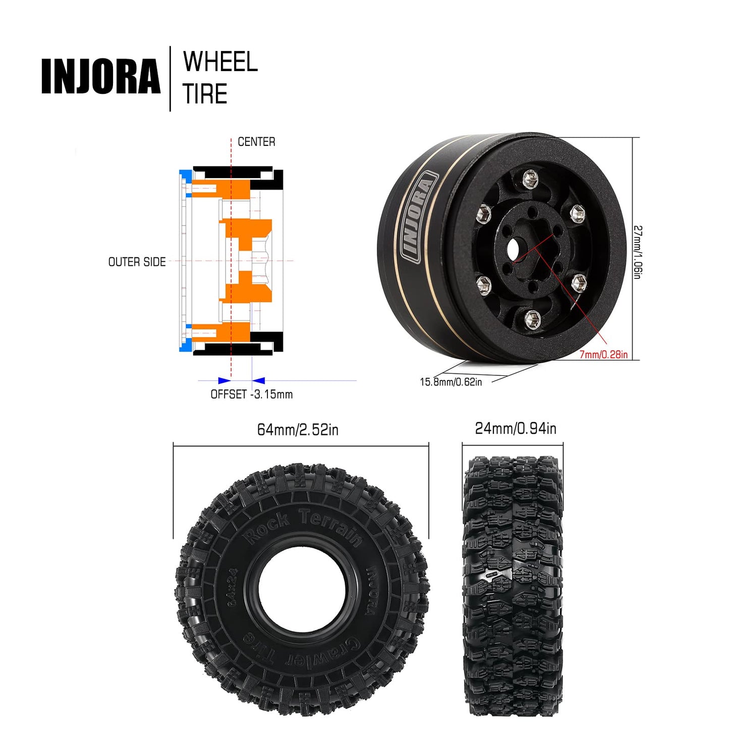 INJORA 1.0 Brass Beadlock Tires Set 4PCS Tires for 1/18 TRX4M 1/24 RC Crawler Car Axial SCX24 FMS FCX24 Gladiator Bronco C10 JLU