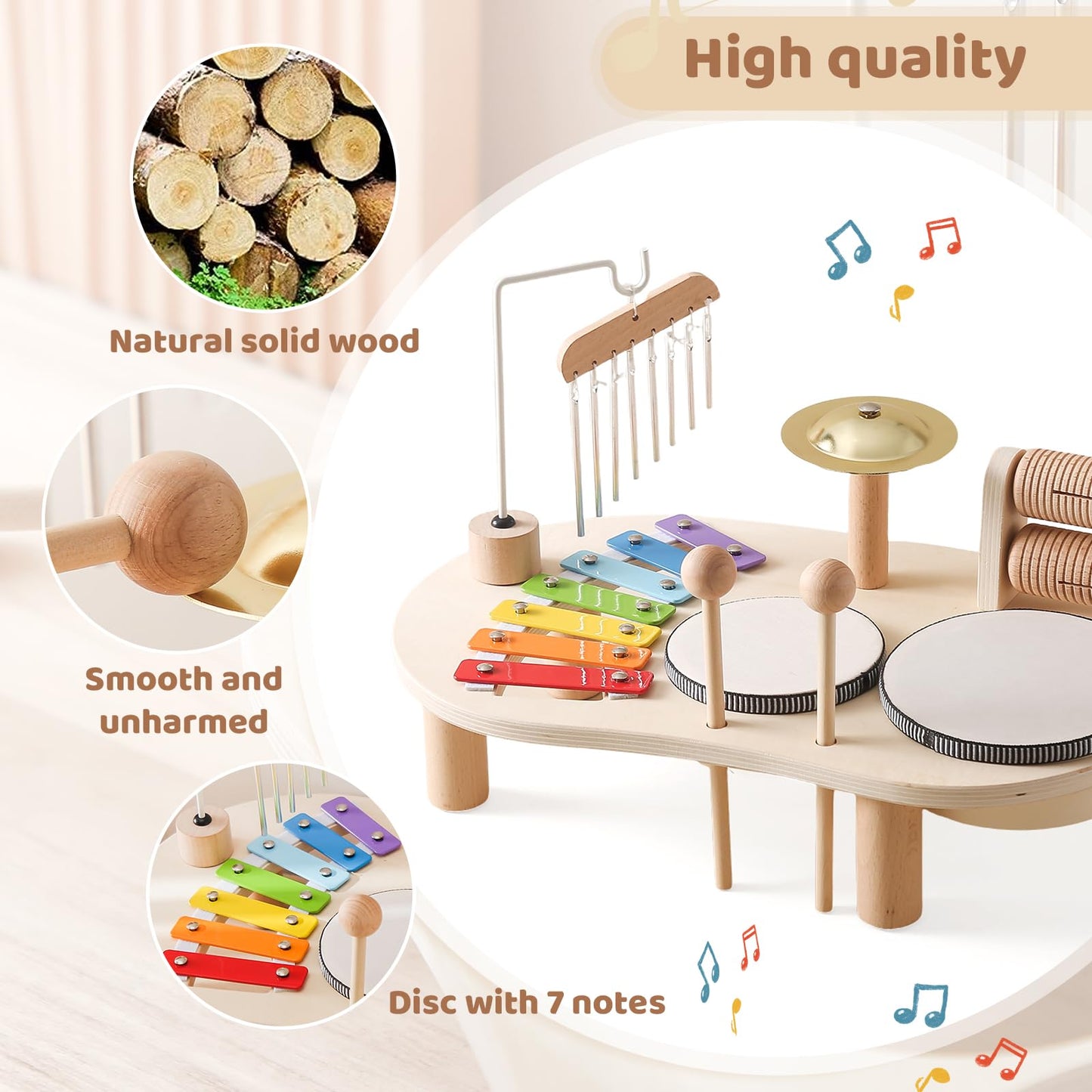 Promise Babe Wooden Musical Instruments For Toddlers 1-3, Percussion Instruments For Kids Baby Drum Set Xylophone, Montessori Educational Musical Toys, Gifts For Girls Boys Ages 3+
