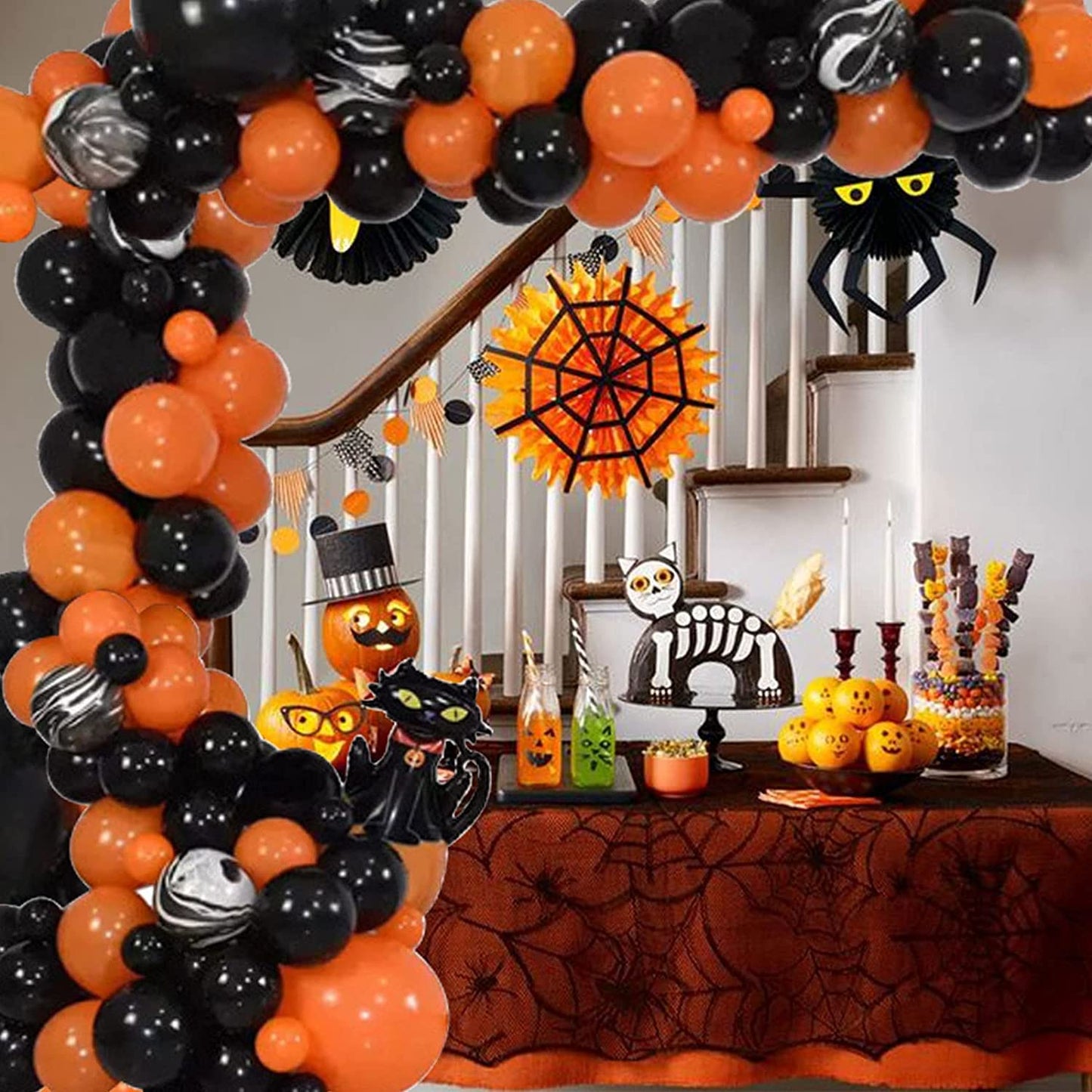 Halloween Balloon Garland Arch Kit, Black Orange Balloon Arch Garland Kit With Foil Cat Pumpkin Balloon And Marble Balloons For Halloween Birthday Anniversary Engagement Graduation Party Decorations