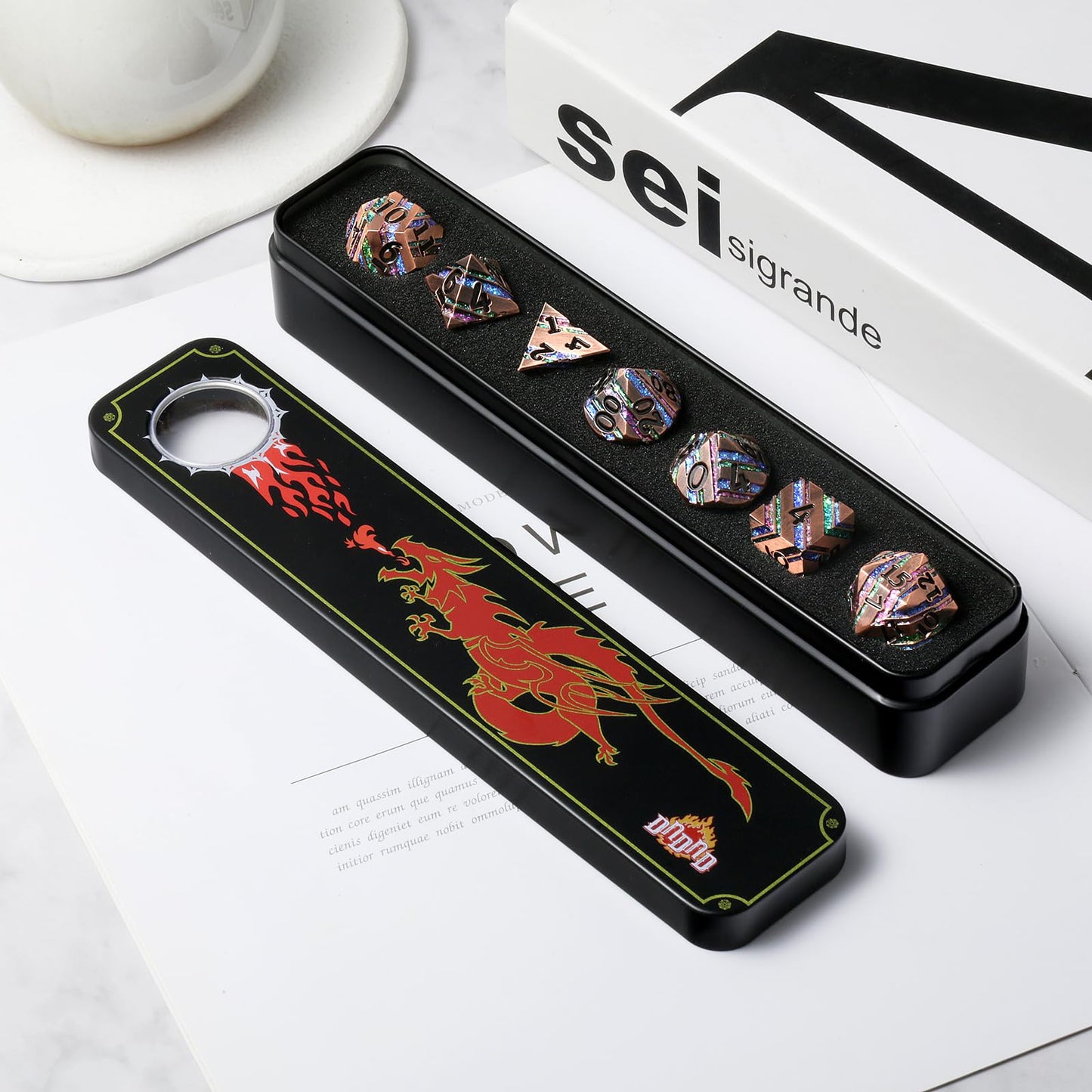 Stripe Metal Dice,DNDND Metallic Glitter Stripes DND Dice with Gift Metal Box for Dungeons and Dragons Tabletop Game (Colorful S