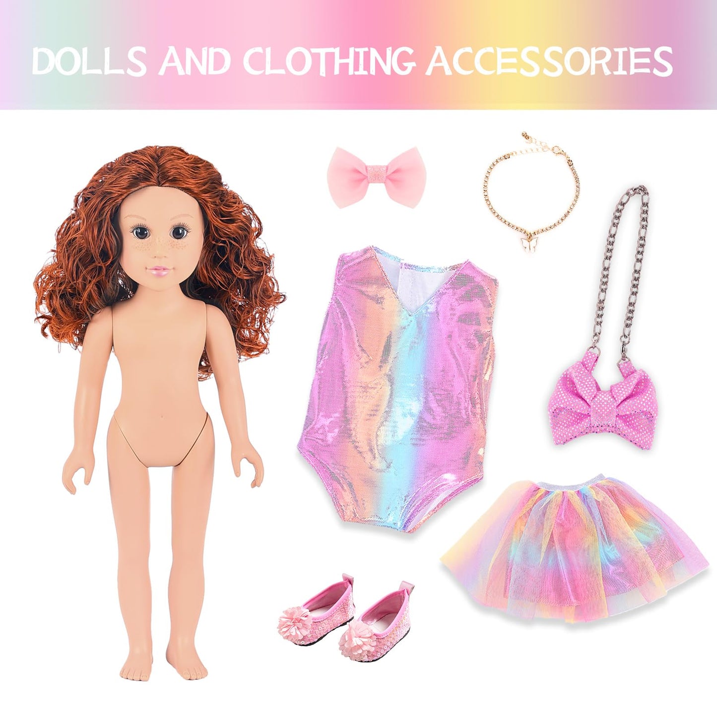 Zita Element 18 Inch American Doll With Doll Clothes And Accessories Including 18 Inch Doll Rainbow Dress Bow Bag Shoes Hairpin Necklace For Kids