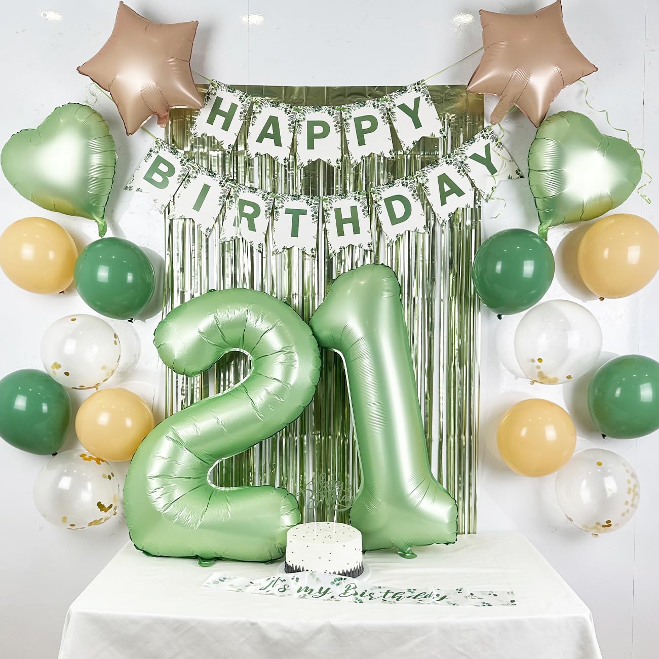 21St Birthday Decorations For Her, Sage Green 21 Birthday Party Decorations- 21St Happy Birthday Banner Sash Cake Topper Olive Green Balloons Kit, 21St Birthday Gifts For Women Birthday Party Supplies
