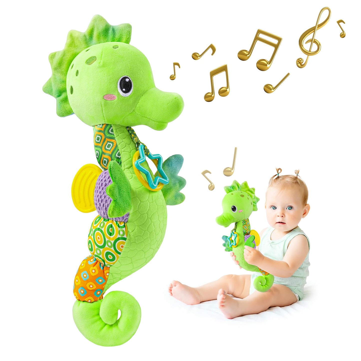 Sumobaby Infant Baby Musical Stuffed Animal Activity Soft Toys With Multi-Sensory Crinkle, Rattle And Textures, For Tummy Time Newborn 0-3-6-12 Months Boys, Girls, Seahorses, Green