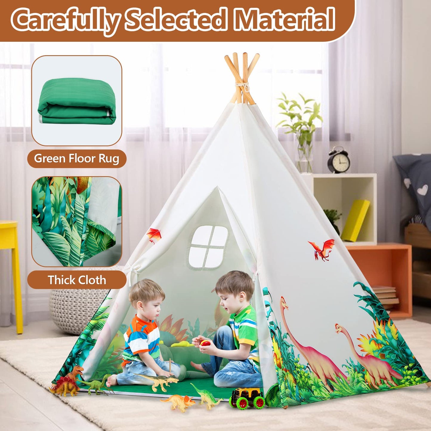 Wilhunter Dinosaurs Teepee Tent For Kids With Roar Button & Lights & Mat, Kids Play Tent Gift For Boys & Girls, Kids Tent Toys F