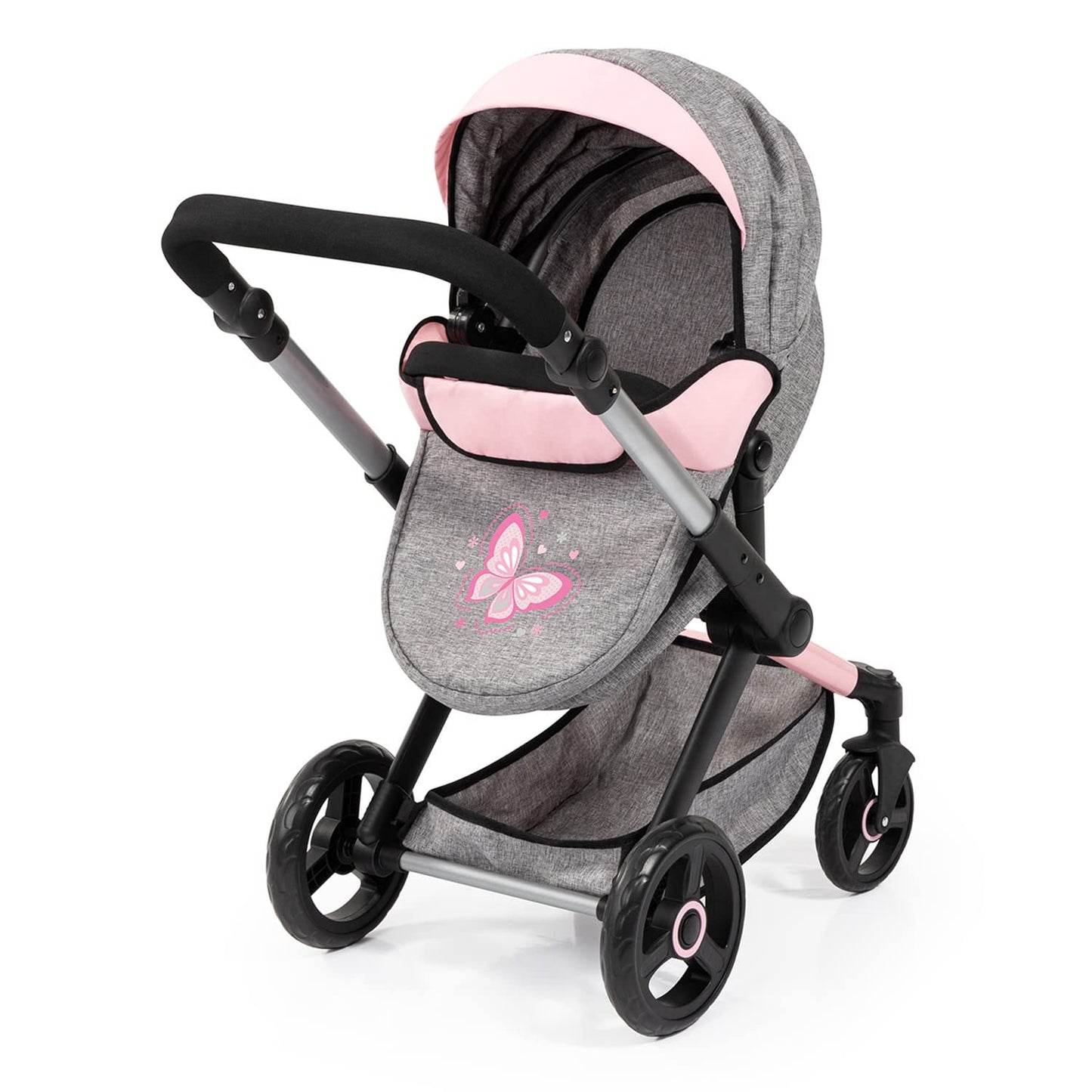 Bayer Design Dolls: Pram Xeo: Butterfly Grey & Pink - Matching Handbag, Adjustable Handle, For Dolls Up To 20'', Ages 3+