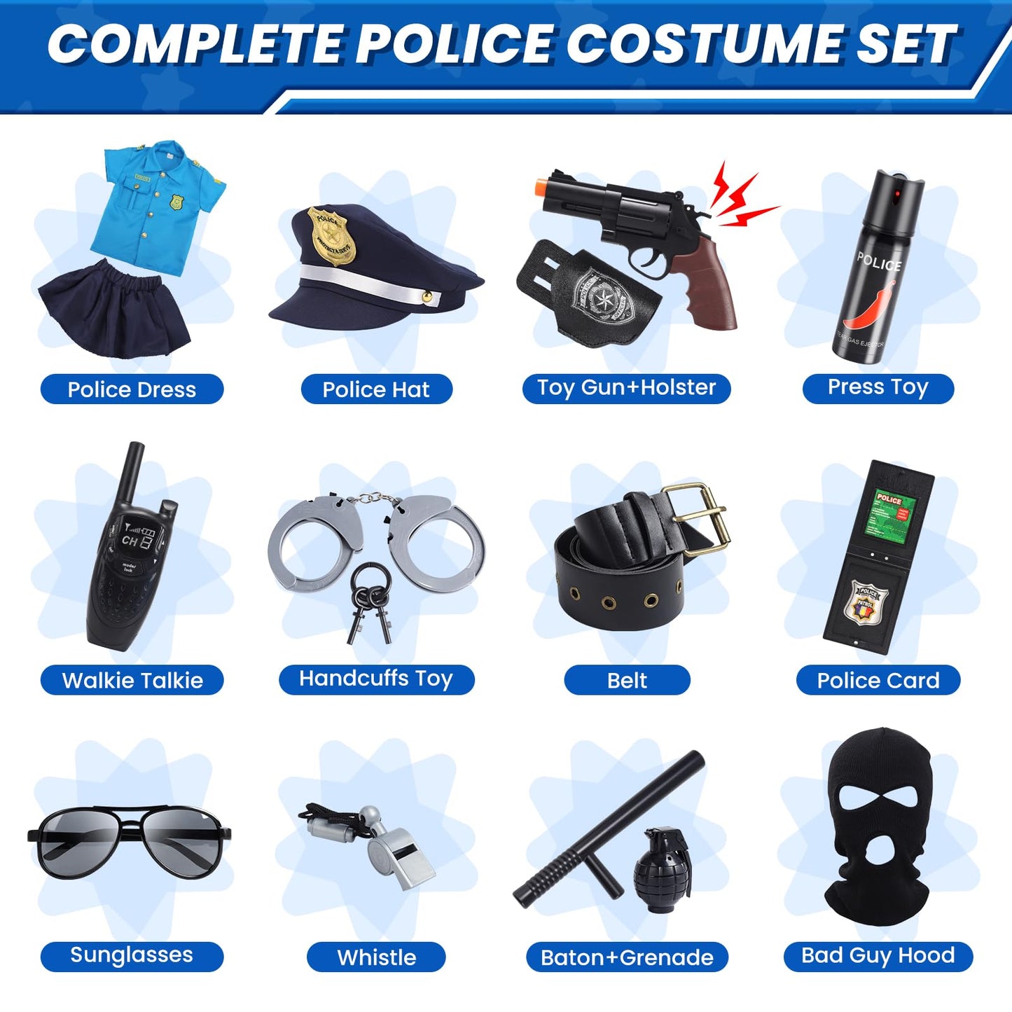 Skirfy 15Pcs Police Costume For Girls,Police Officer Costume For Kids Girls,Girls Police Costume For Kids 4-6,Police Uniform Wit