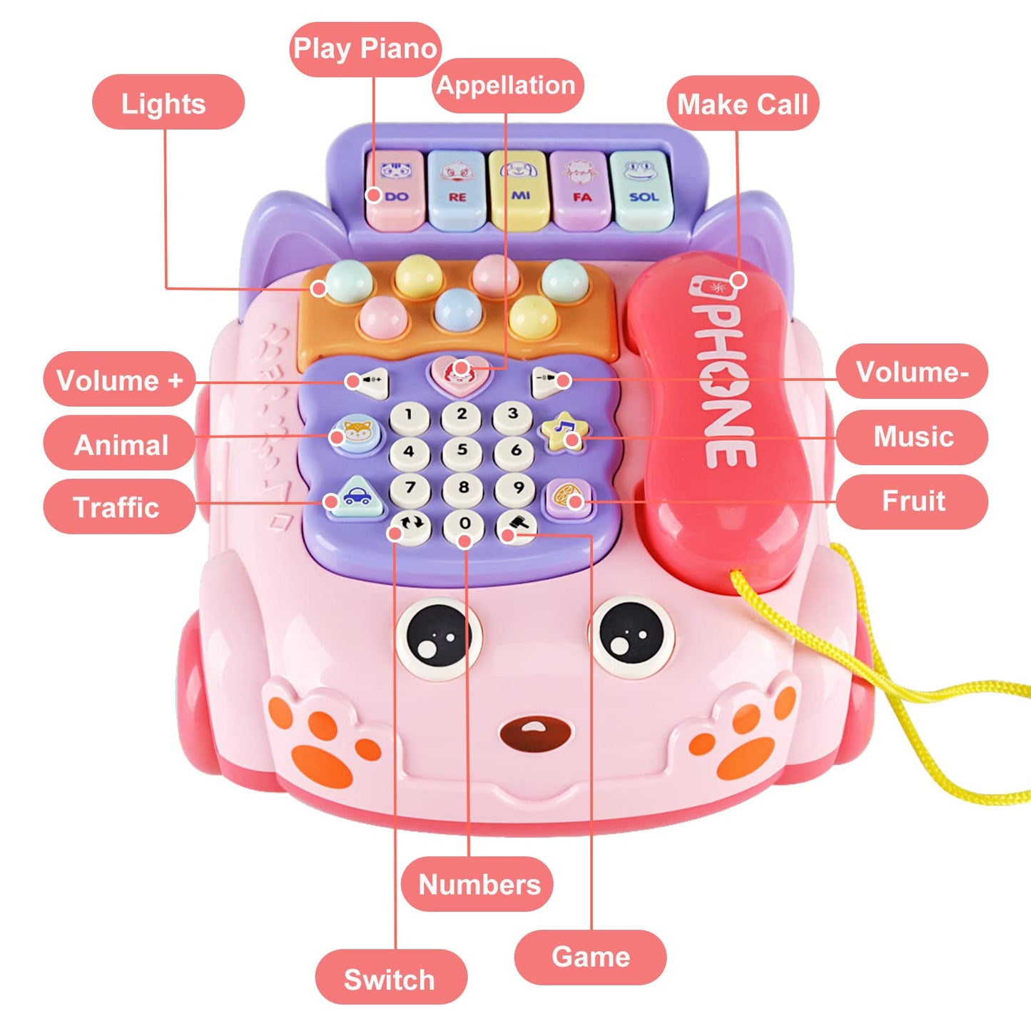 Baby Phone Toy,Baby Toy Phone Cartoon Baby Piano Music Light Toy Children Pretend Phone, Kids Cell Phone Girl With Light Parent-Child Interactive Toy Gift Game Boy Girl Early Education Gift Pink 18M+