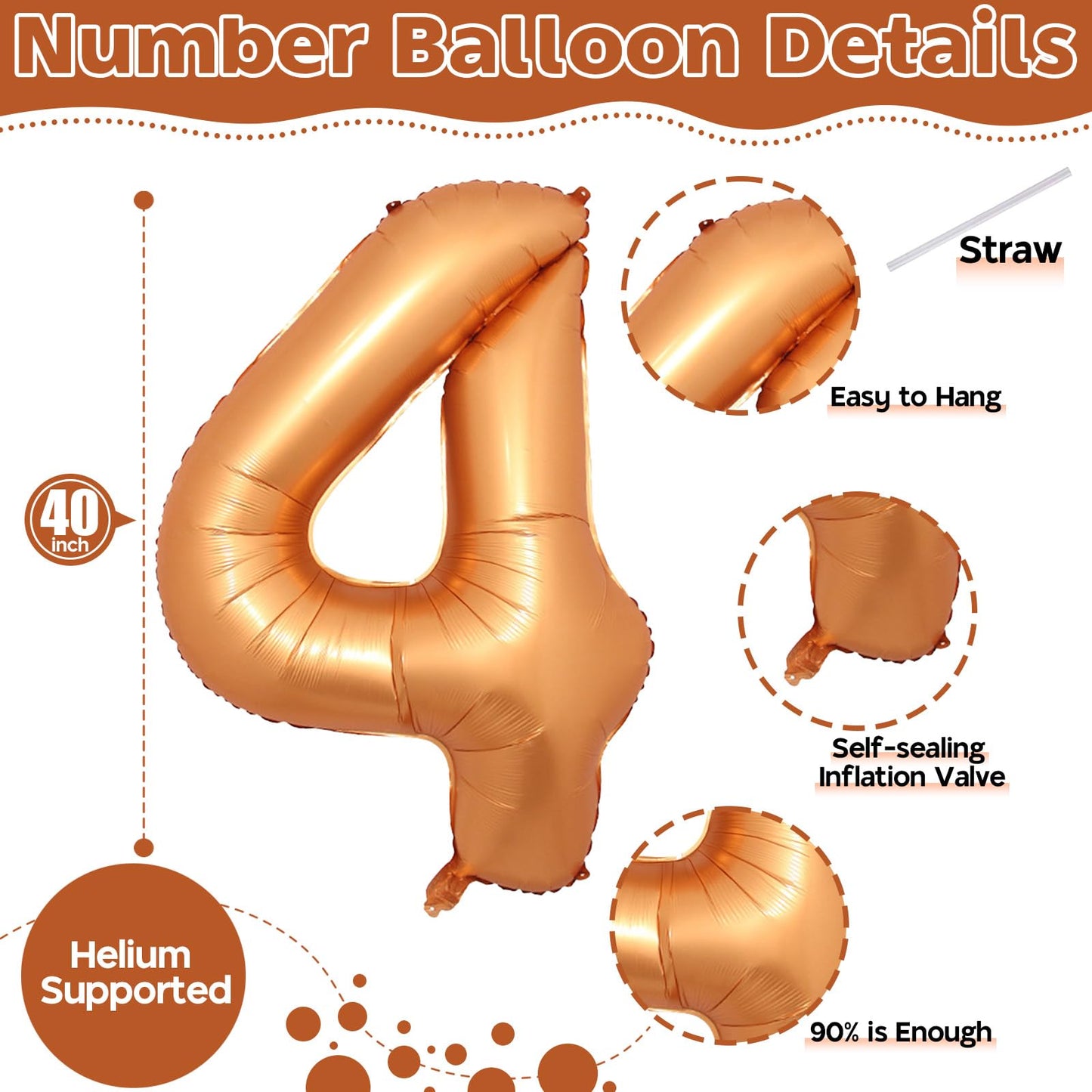 Large Foil Number 4 Balloons, 40 Inch Number Balloon 4 Decor For Boys, Mylar Helium Self Inflating Orange 0-9 Set Balloon For Ki