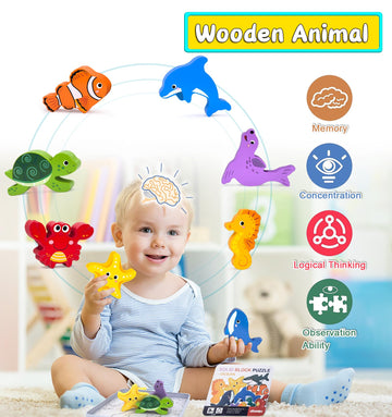 Wooden Animal Puzzles Toys For Toddlers,12 Pcs Sea Animals Figures,Animal Matching Sorting Stacking Toy For Boys Child Girls,Edu