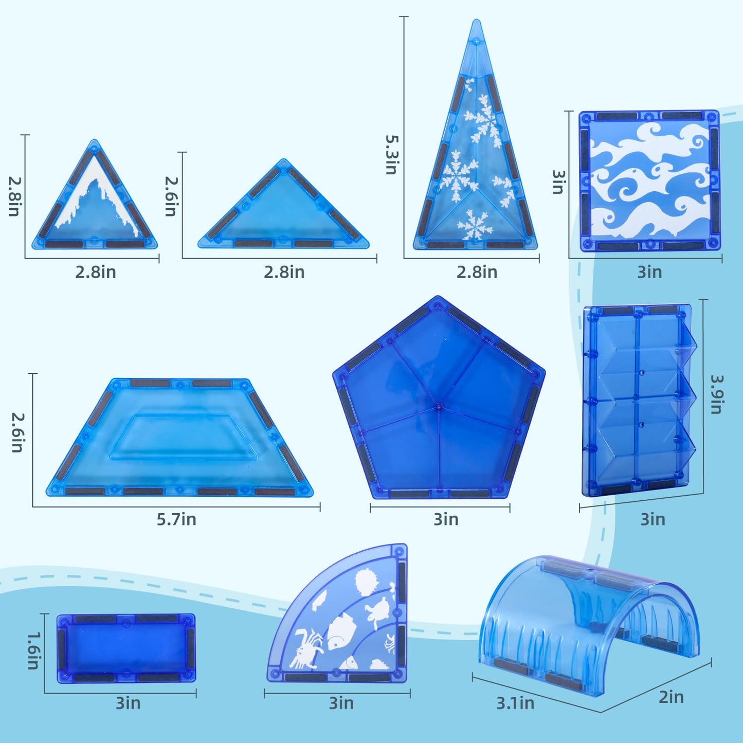 Diophso Arctic Animals Magnetic Tiles Set - 6 Sea Animals, Educational Plastic Building Blocks, Medium Size, Blue, Model X5106