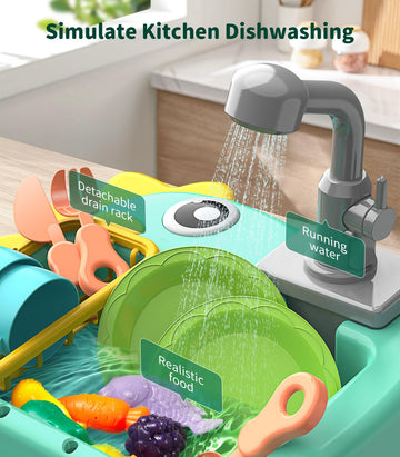 Geyiie Mini Toddler Sink Toy, Play Sink with Running Water, Automatic Water Cycle System and 13Pcs Rich Kitchen Accessories, Kid