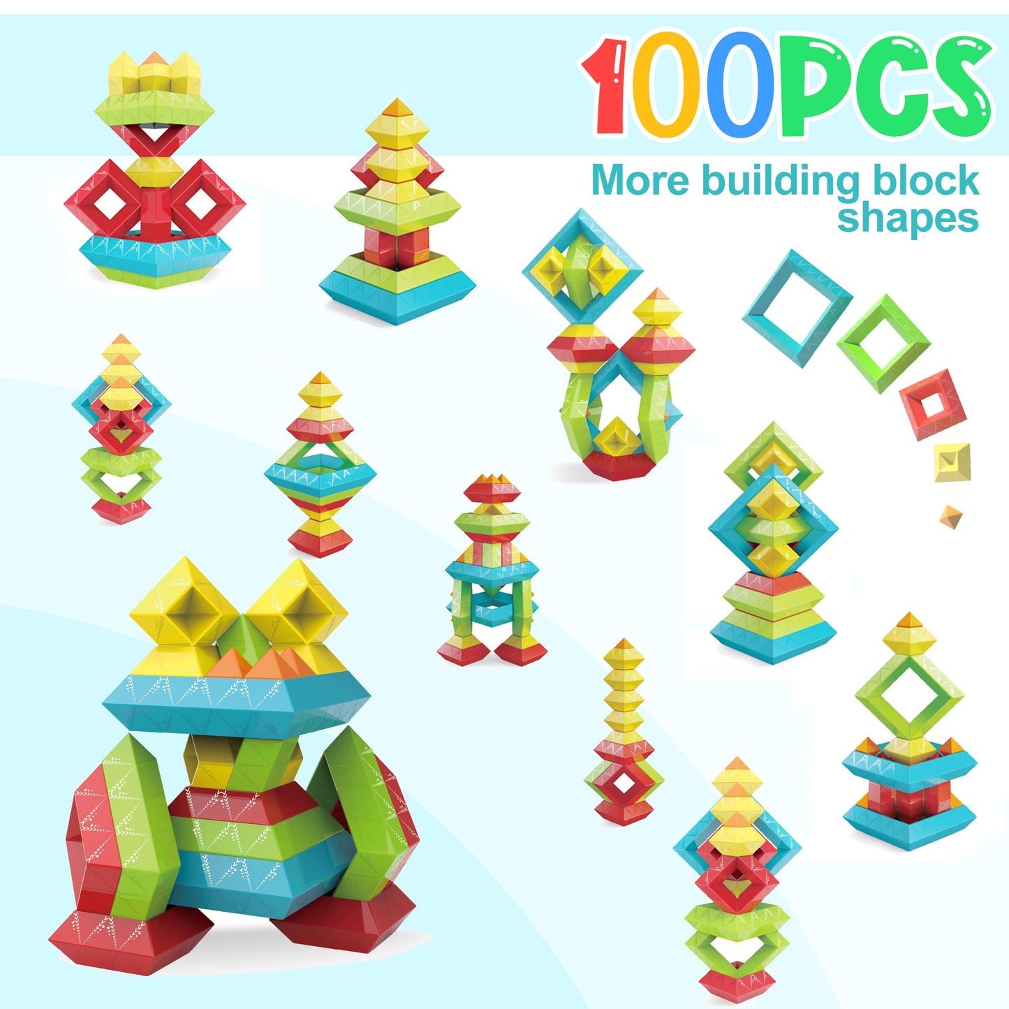100Pcs Montessori Toys For Ages 1-3 2-5 Toddlers Kids Baby,Pyramid Stacking Building Toys,3D Preschool Learning Blocks For Kids,
