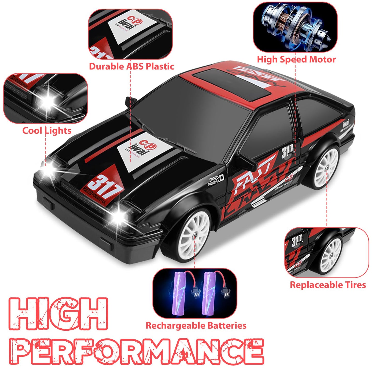 YUAN PLAN Remote Control Car 1/24 2.4GHz 4WD RC Drift Car, Rechargeable High Speed RC Cars with Cool Lights, Two Batteries and E
