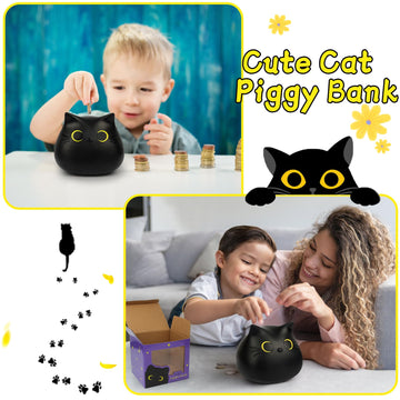 Nigoways Piggy Bank For Kids,Unbreakable Coin Bank For Boys,Money Banks With Box Gifts For Birthday,Christmas,Baby Shower (Small Black-Cat)