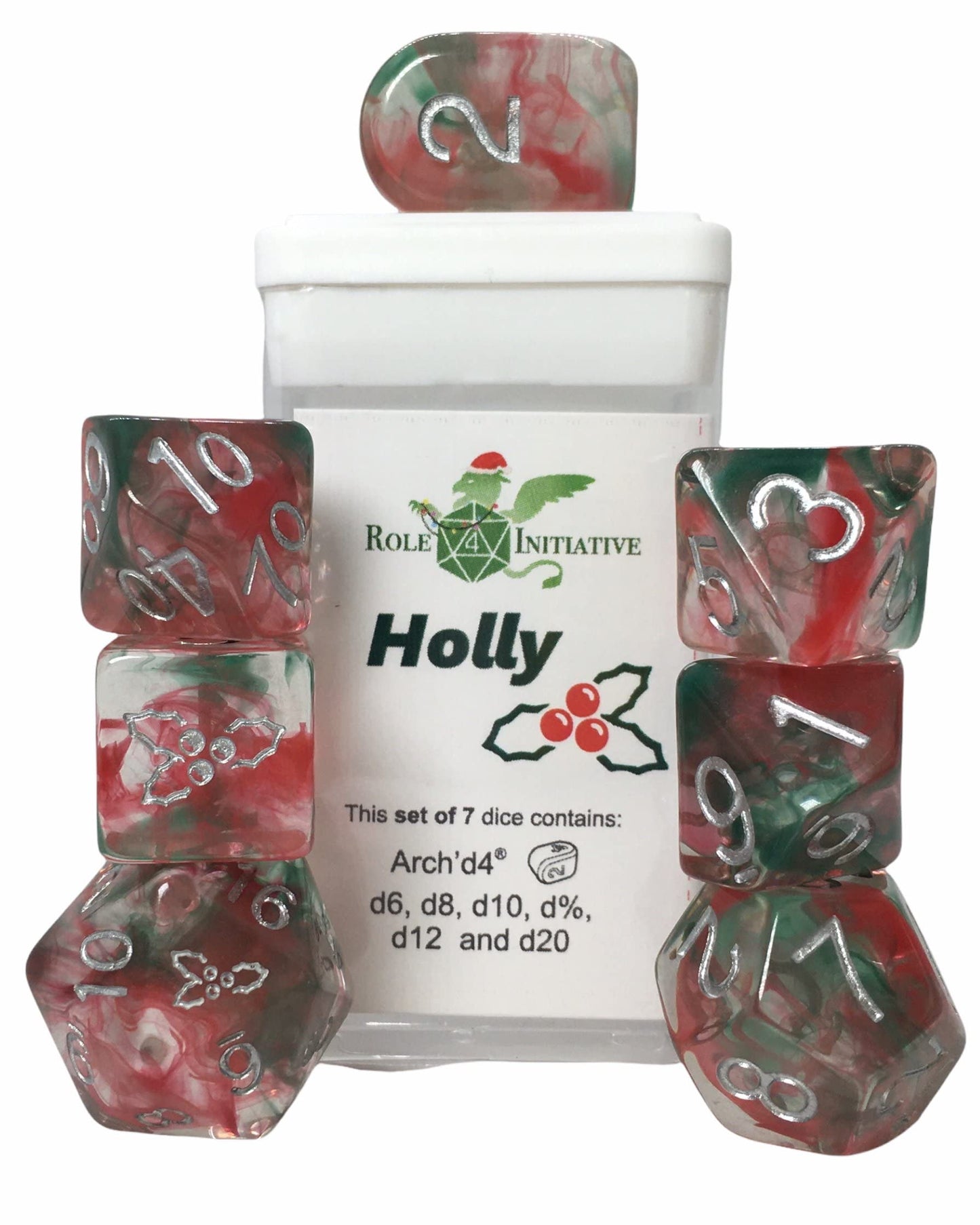 Happy Holi-Dice: Diffusion Holly - Set Of 7 Game Dice W/ Arch'D4 And Symbols