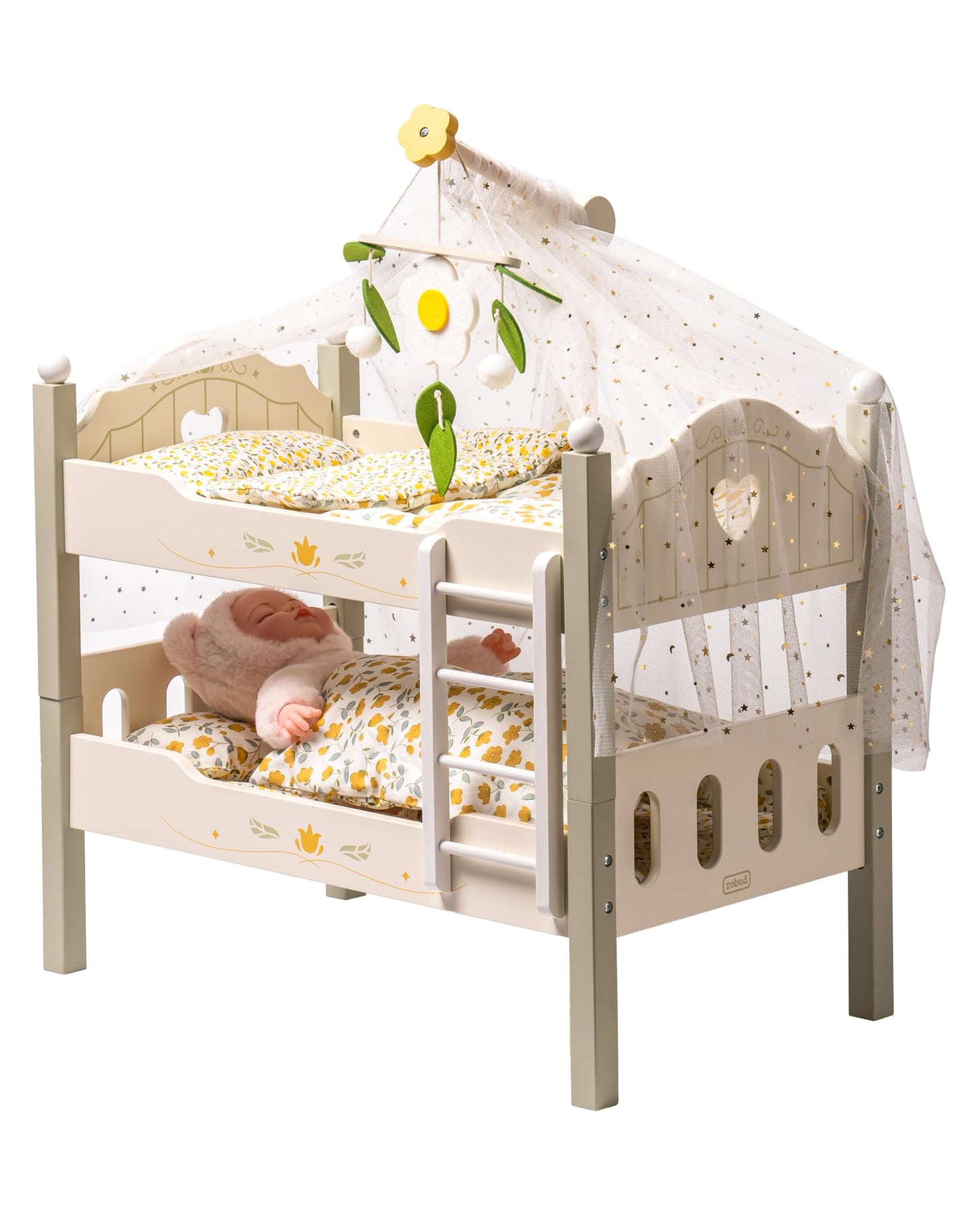 Robud Baby Doll Crib, Wooden Baby Doll Beds For 20 Inch Dolls, Green Baby Doll Bunk Beds With Tulle, American Girl Doll Bed For