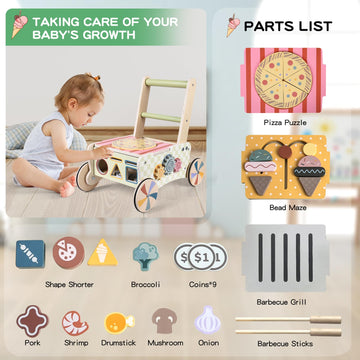 Amazingjoy Wooden Push Walker For Babies With Wheels 12 Months+ Wooden Baby Walker Activity Walker For Babies Montessori Multipl