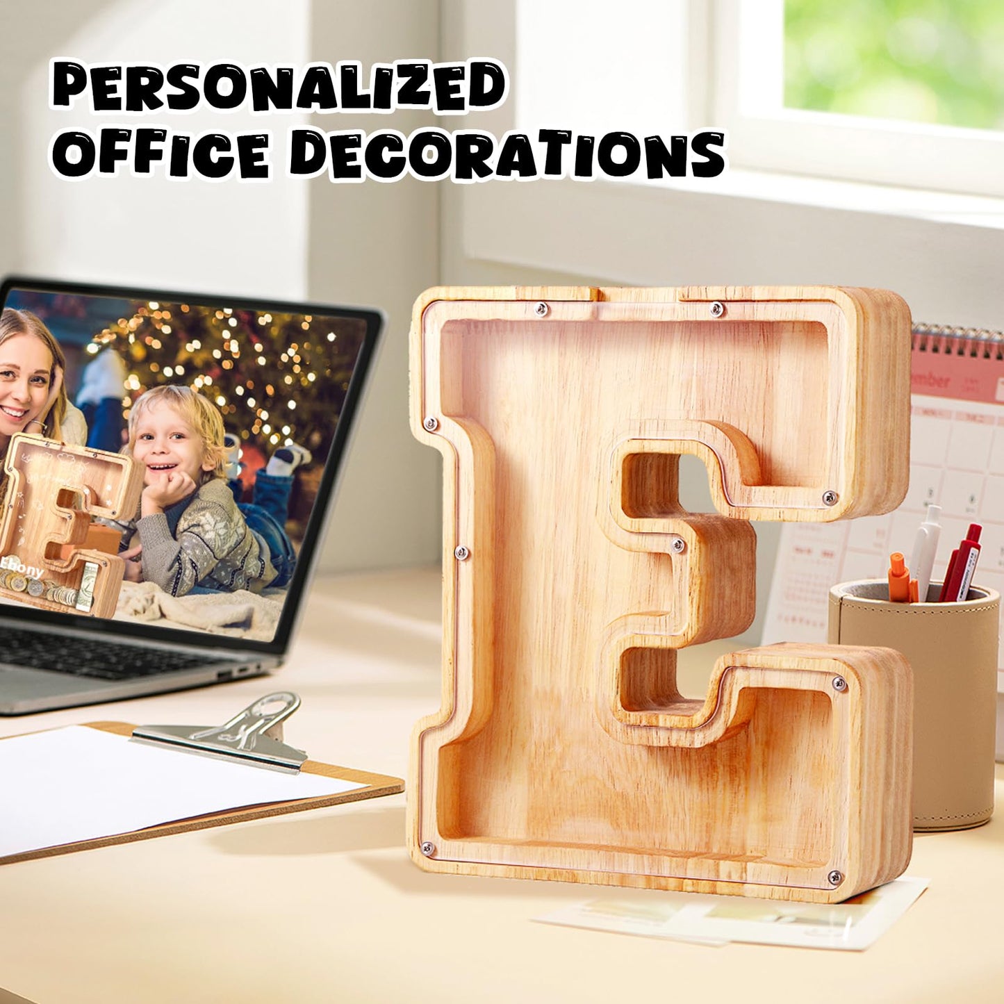 Ubeesize Large Letter Piggy Bank For Kids Boys Girls,Wooden Personalized 26 Alphabet Piggy Banks With Target Area Clear Alphabet