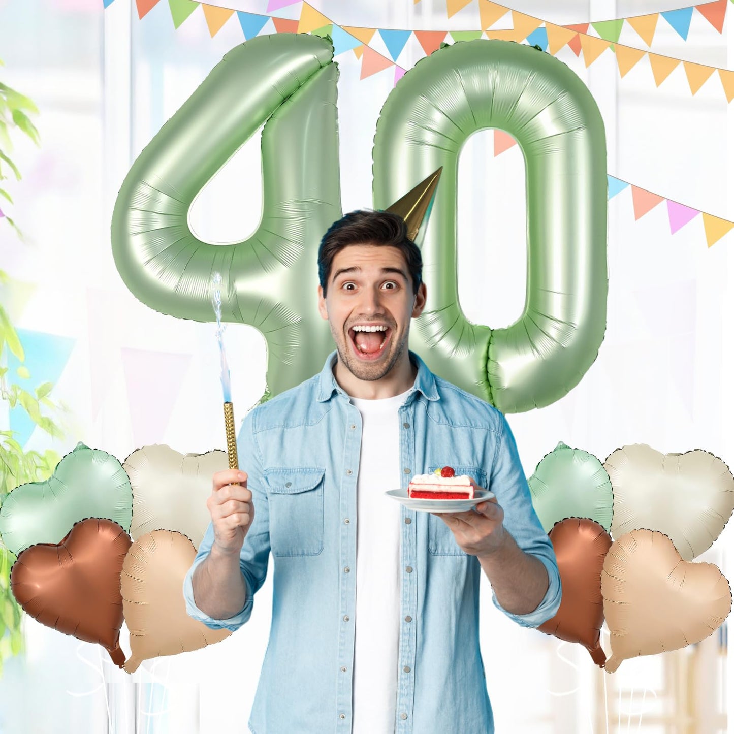 Biapian 40 Inch Sage Green Number 40 Balloons, Large Foil Number 4 & 0 Balloons With 18'' Olive Green Heart Balloon For 40Th Yea