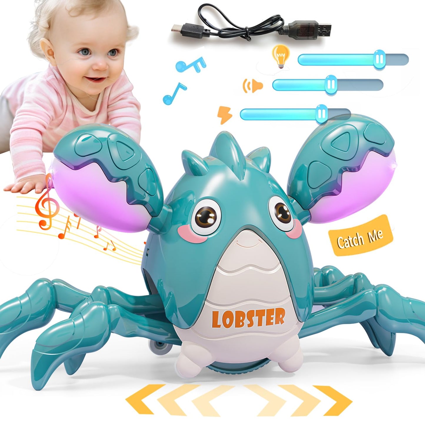 Musical Crawling Lobster Baby Toy, Tummy Time Toy For 6-12 Month Boy Girl, Light-Up Walking Dancing Moving Lobster Toy For 1 Year Old Baby Educational Learning, Gift For 12-18 Month Infant (Green)