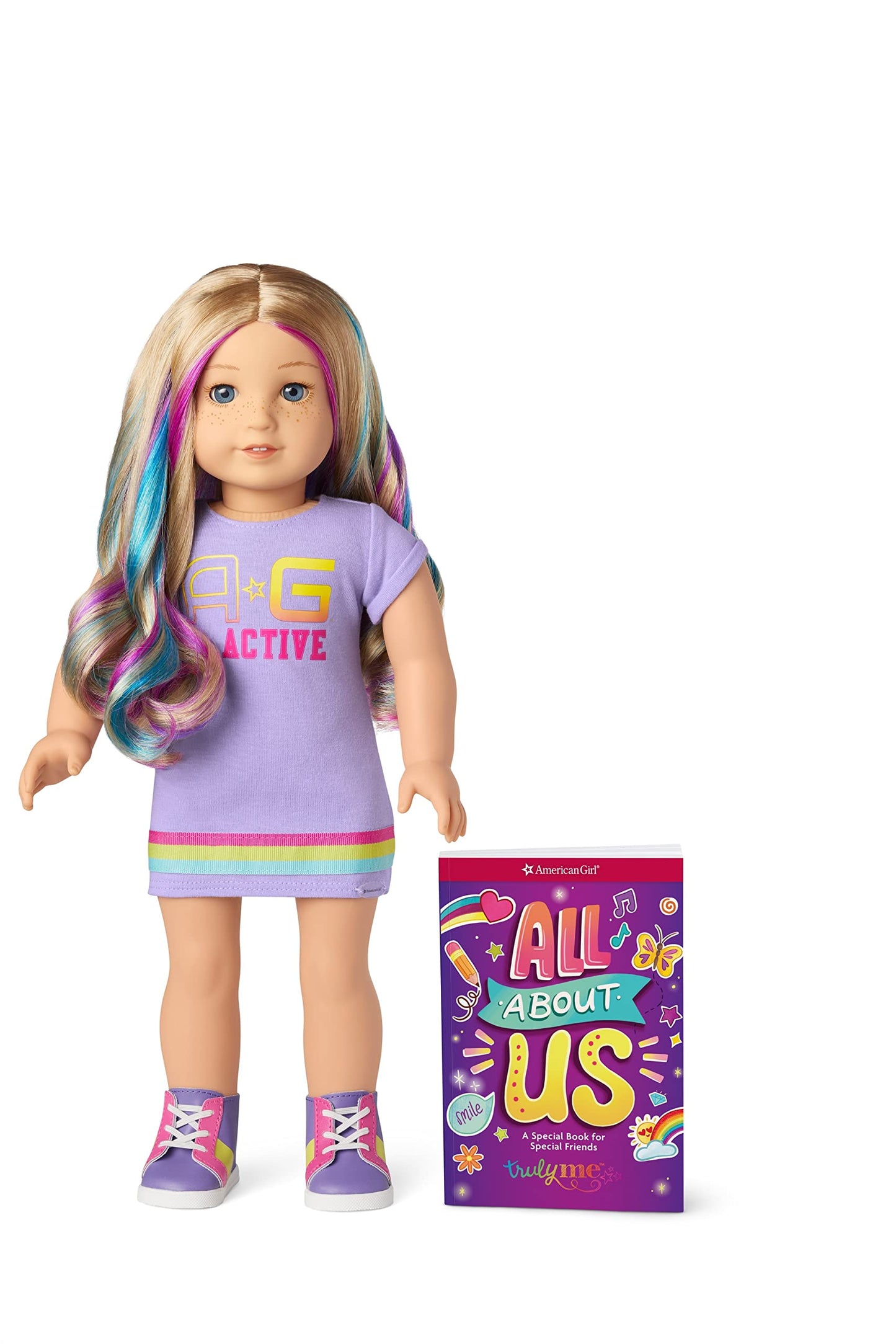 American Girl Truly Me 18-Inch Doll 110 With Light-Blue Eyes, Wavy Blonde Hair With Purple And Blue Highlights, Light Skin With Warm Olive Undertones, Purple Printed T-Shirt Dress
