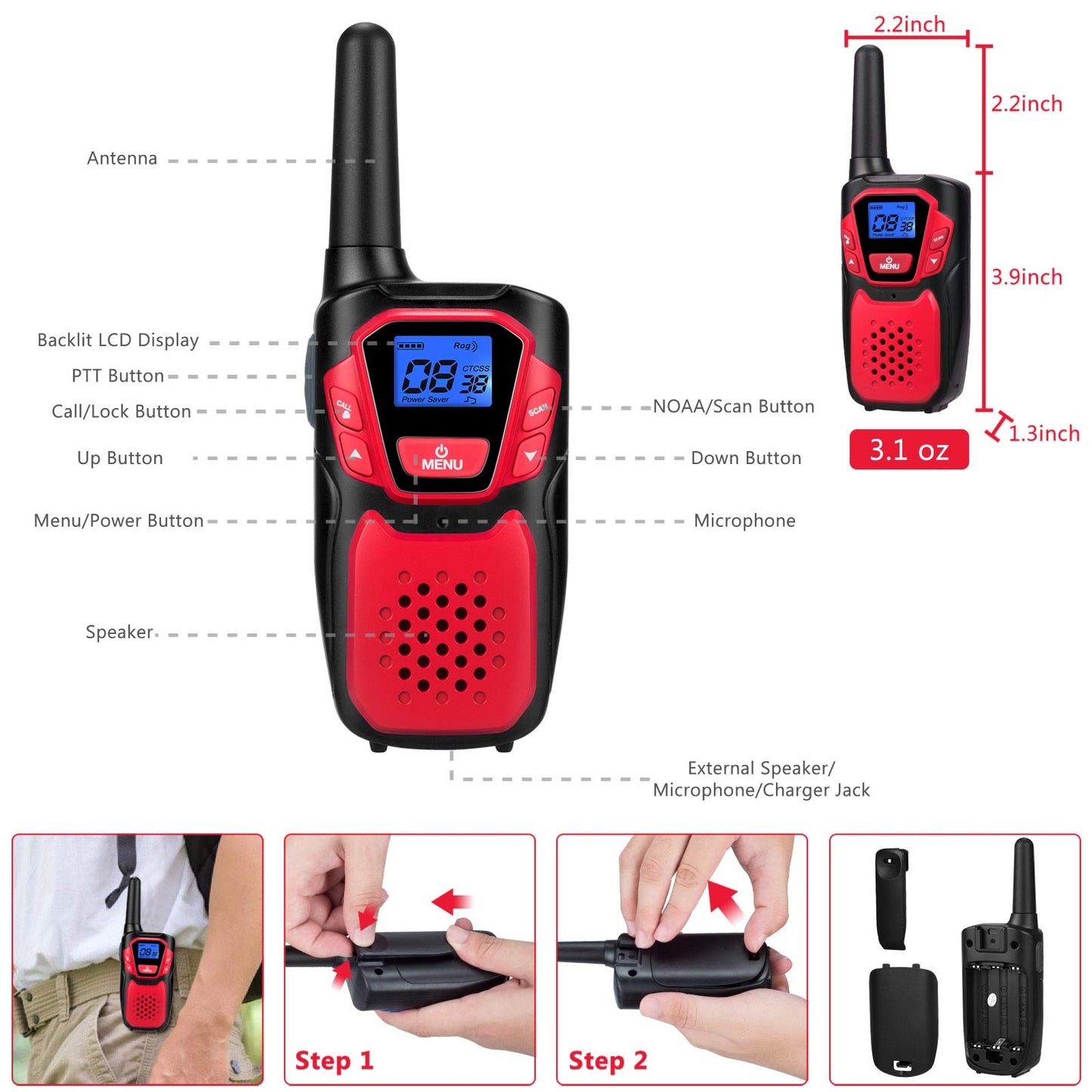 Topsung Walkie Talkie Rechargeable Easy to Use Family Walky Talky 4 Pack Toy for 3-12 Years Old Boys and Girls Birthday for Camping Hiking Outdoor with Regular Micro-USB Cable/Battery