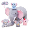 OUOZZZ Elephant Stuffed Animal Set – Interactive Plush Toy with 4 Baby Elephants, Crinkly Ears, 14" x 6.3", Travel-Friendly, Grey