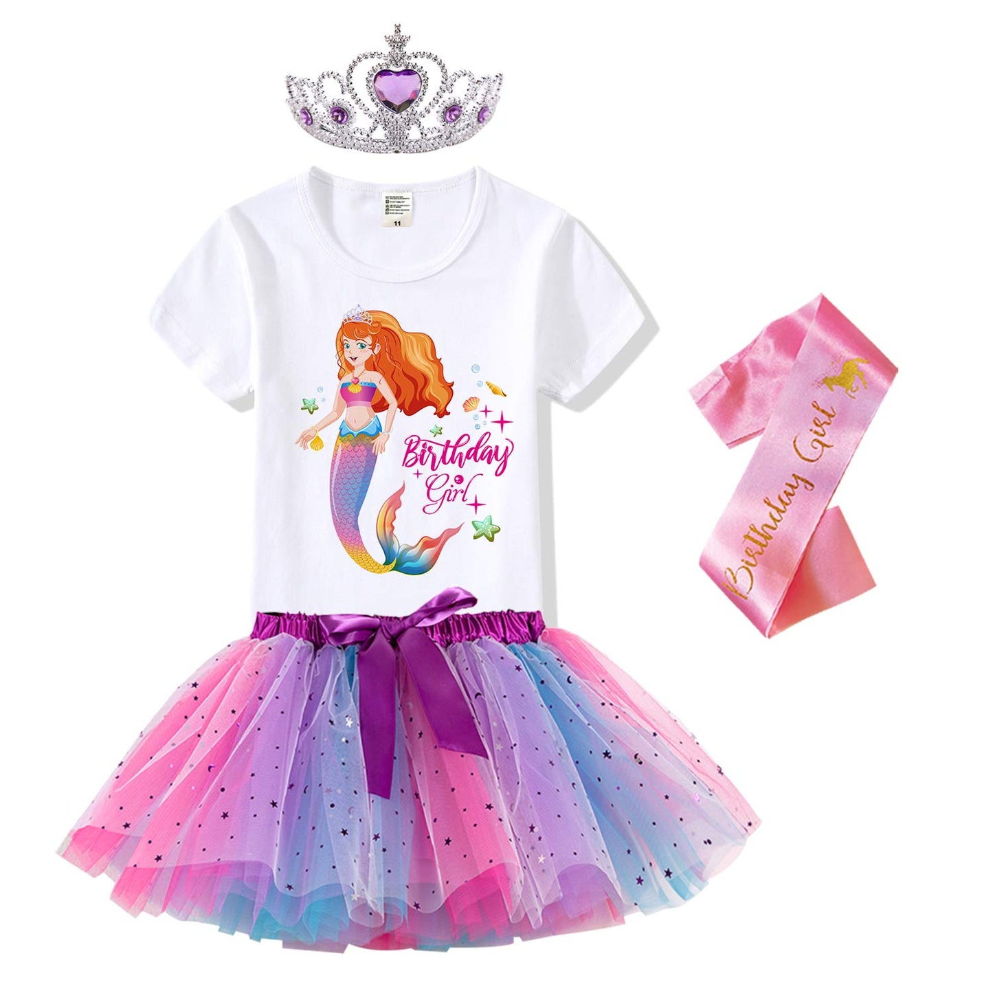Mermaid Outfit Set - Shirt, Rainbow Tutu Dress, Satin Sash, Headband - Birthday Gifts For Girls Costume (Rainbow Mermaid 1, 8 Ye