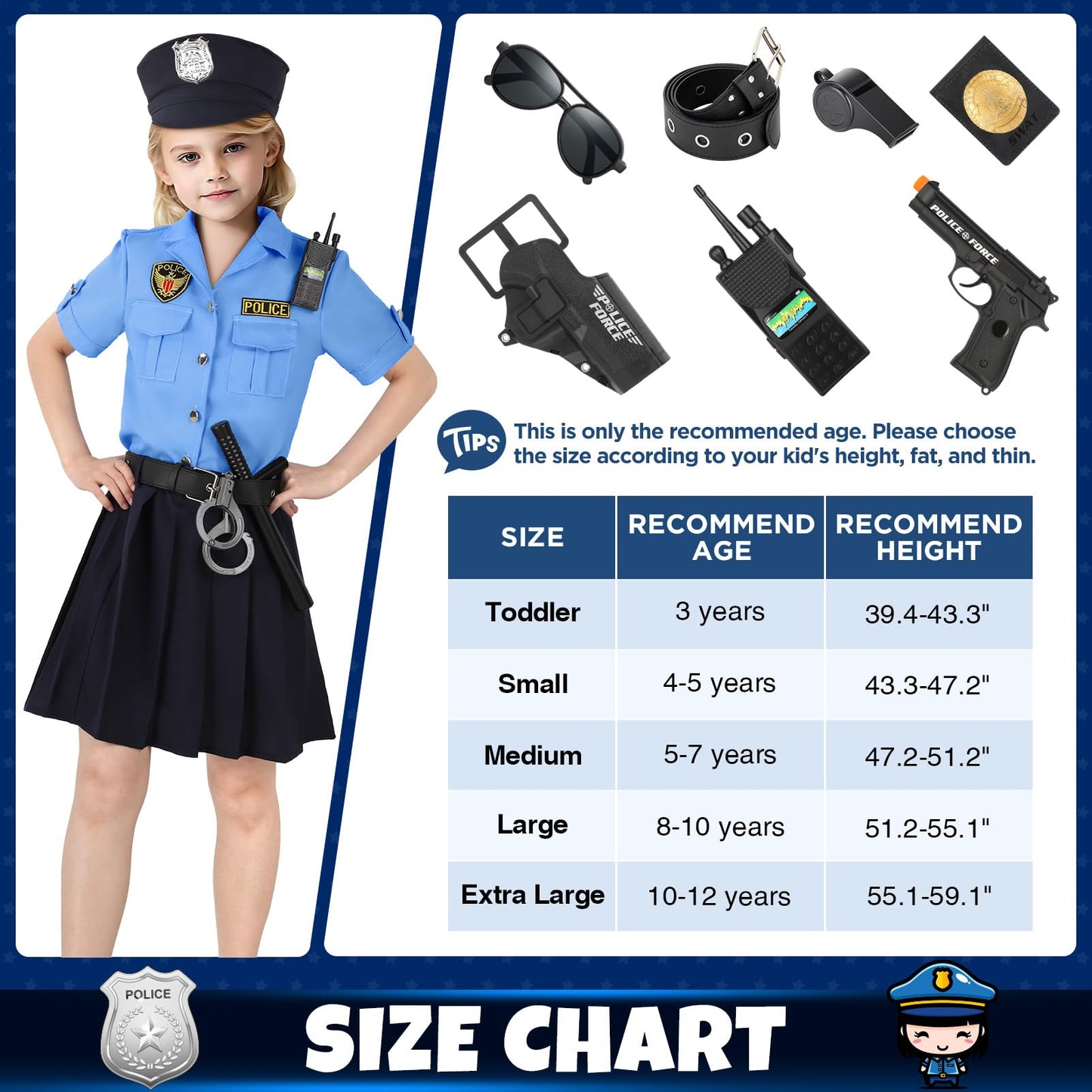 Luucio Girls Police Officer Costume For Kids, Police Costume For Kids, Halloween Costume For Girls, Role Play Kit For Girls