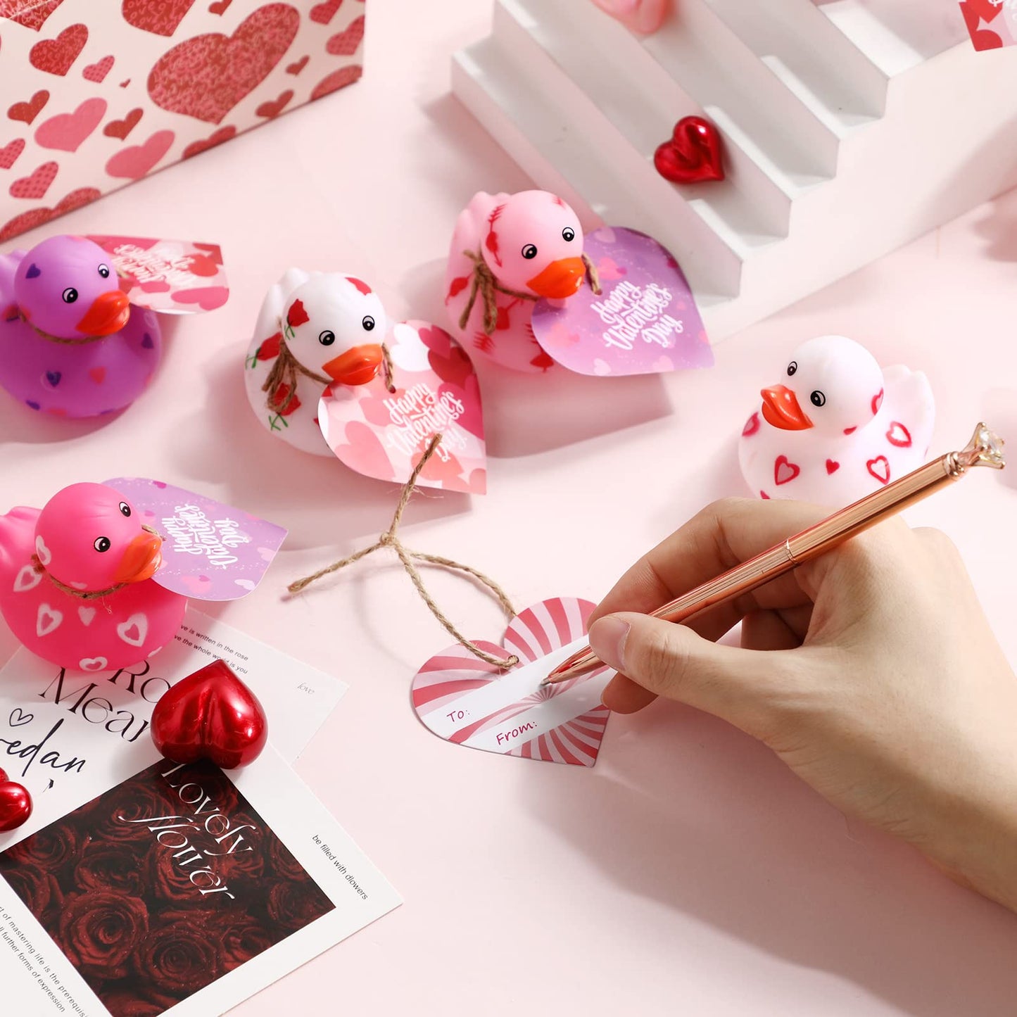 2 Inch Valentine Rubber Duckies With Valentine'S Day Gift Cards Heart Ducks Love Small Rubber Ducks Cute Duck Bath Tub Pool Toys