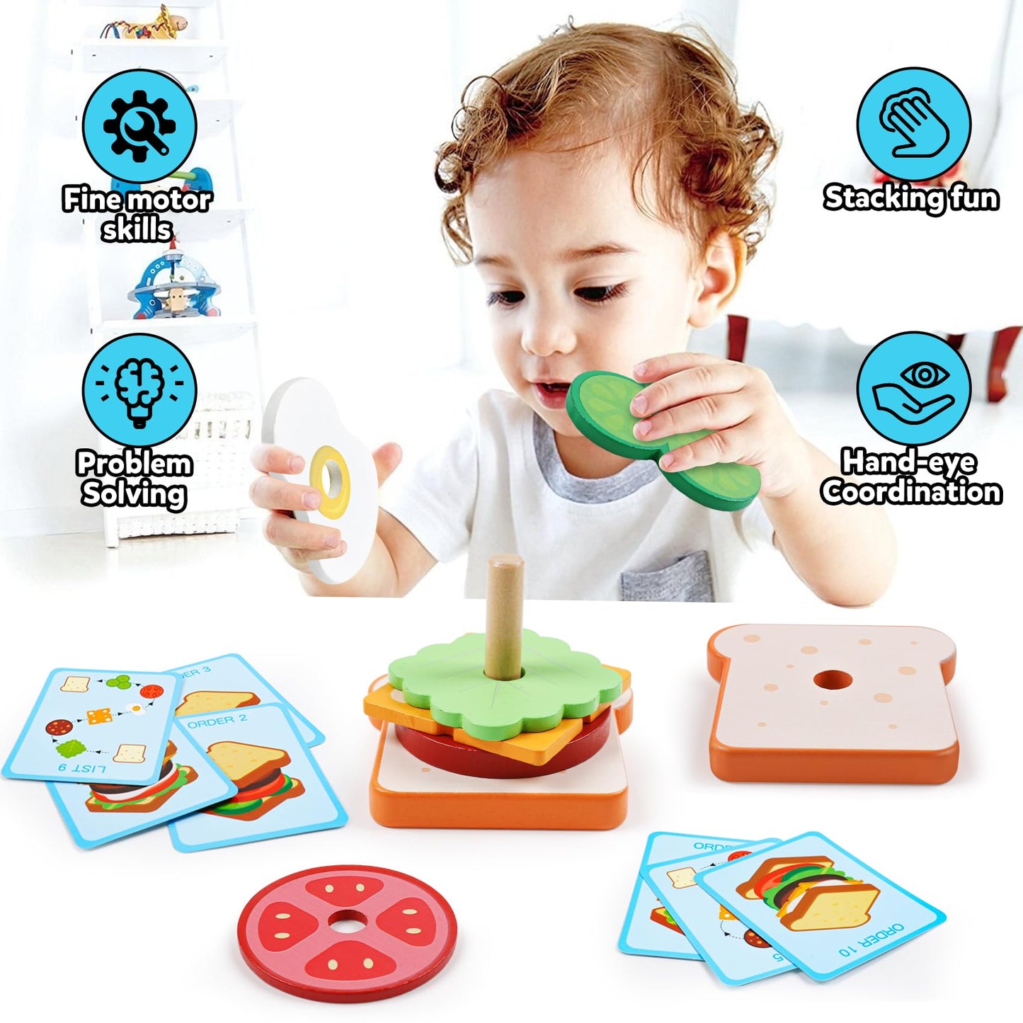kizh Wooden Sandwich Sorting Stacking Toys - Montessori Fine Motor Play Food Set for Toddlers, Preschool - Model W3011