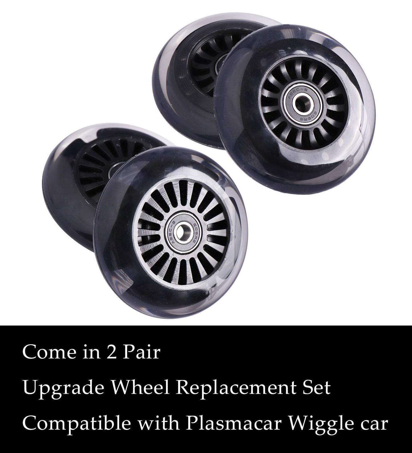 Wiggle Car Polyurethane Replacement Wheels Set (Front,2P Light Up), Swing Car Wheels Pack (Rear,2P Narrower) Upgrade For Ride-On Toys (Black)
