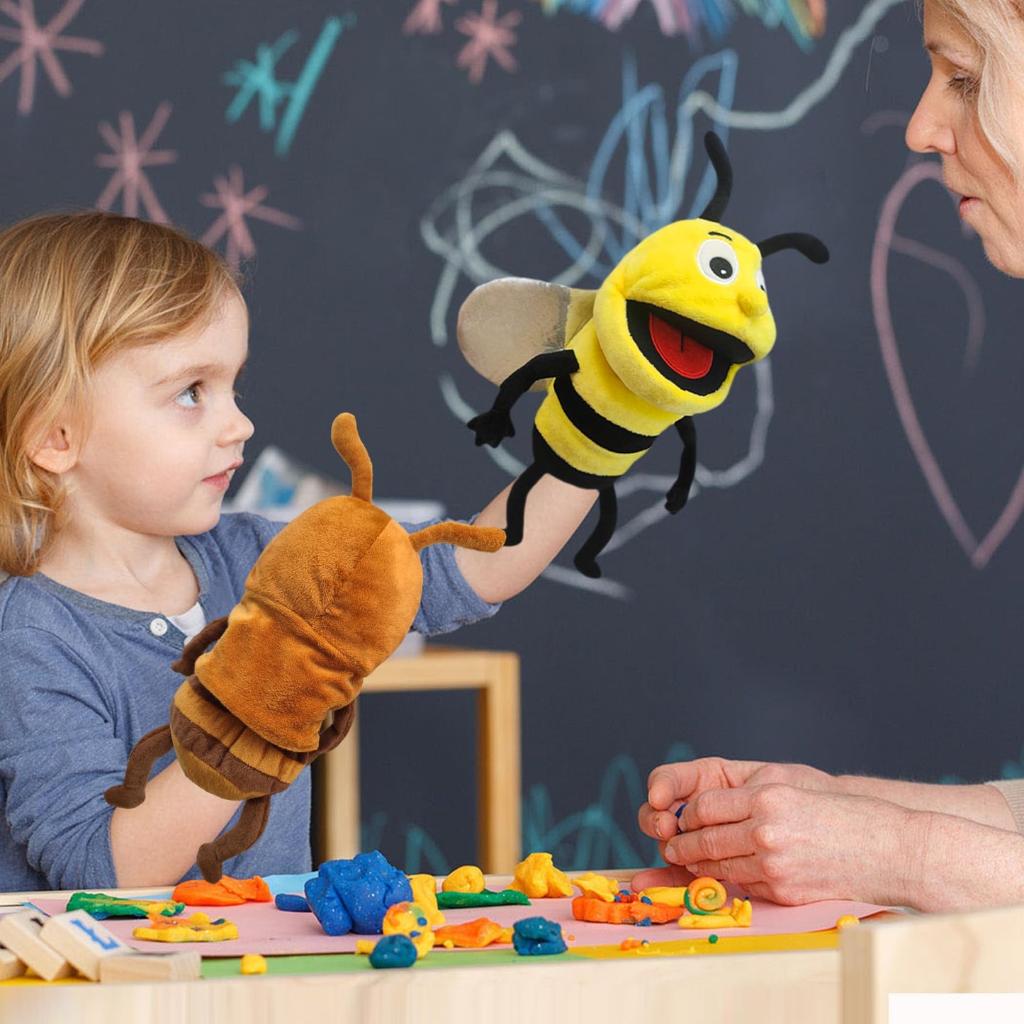 Justqunseen Hand Puppet Realistic Plush Puppet 13',Insect Animal Puppets For Kids Insect Stuffed Animal Hand Puppet With Moveable Mouth,Soft Stuffed Bee Puppet Story Toy Puppets Role Play Show Game
