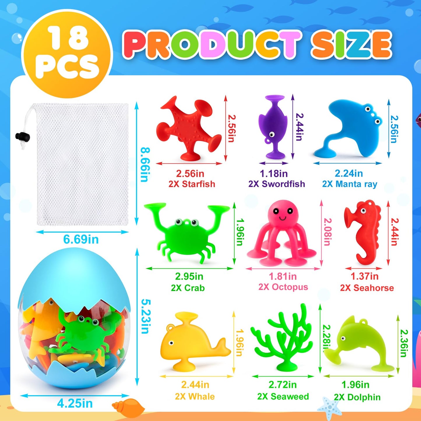 Aukful Suction Cup Toys For Kids Bath Toys, 18Pcs Ocean Animal Suction Bath Toys With Eggshell Storage,Mold Free Bath Toys Toddl