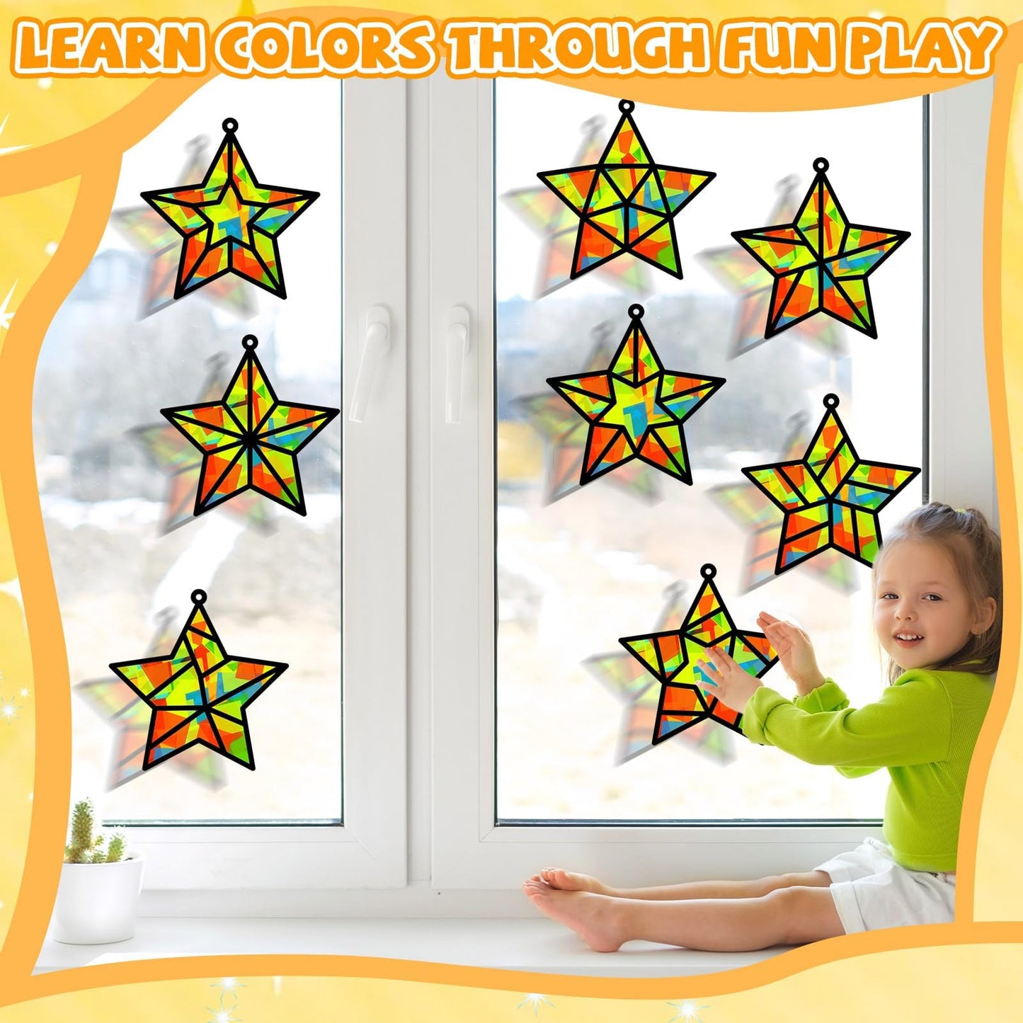 QOUBAI 32 Sets Christmas Stars Suncatchers Craft Back to School DIY Stained Glass Window Patriotic 4th of July Paper Craft Home