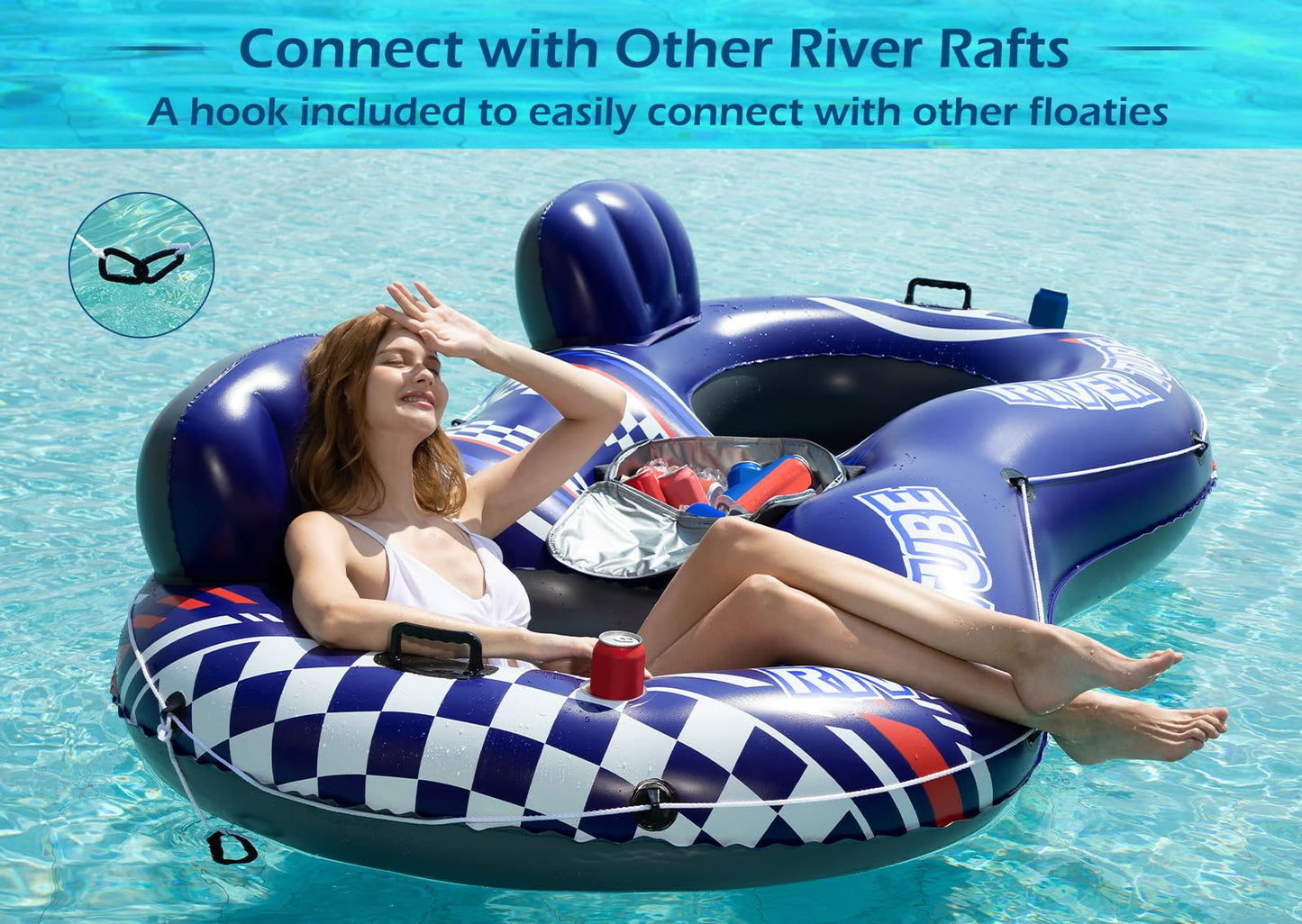 Jasonwell Inflatable River Tube Float - 2 Person Heavy Duty River Float Pool Floats With Removable Cooler Lake Water Tubes For Floating River Raft Lounge Floatie With 2 Cup Holders For Adults (D-Blue)