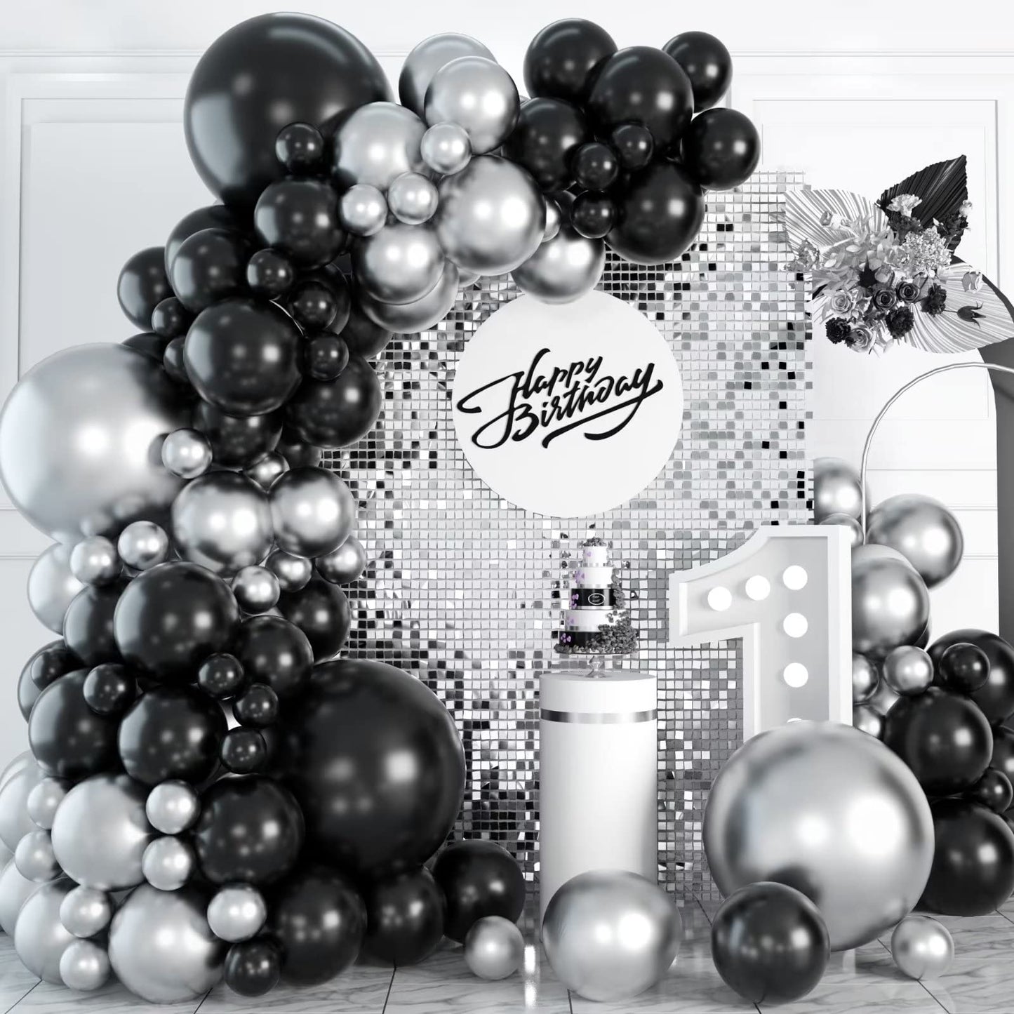 Black And Silver Balloon Garland Kit, Metallic Silver And Black Balloon Arch Kit, 100Pcs Chrome Silver Latex Black Balloons Different Sizes For Wedding Bridal Shower Birthday Graduation Party Supplies