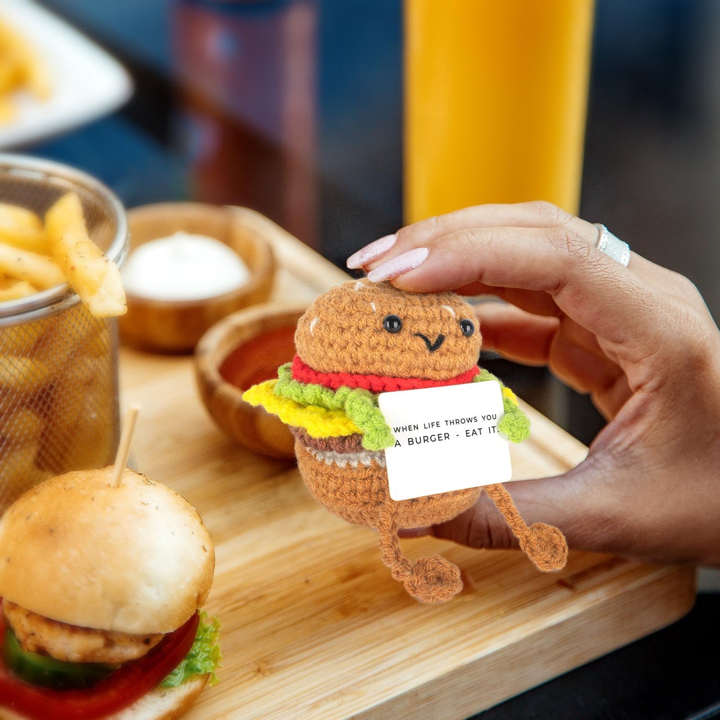 Funny Positive Burger, Emotional Support Hamburger, Cute Crochet Potato Partner Toy with Positive Card Cheer Up Funny Gag Gifts