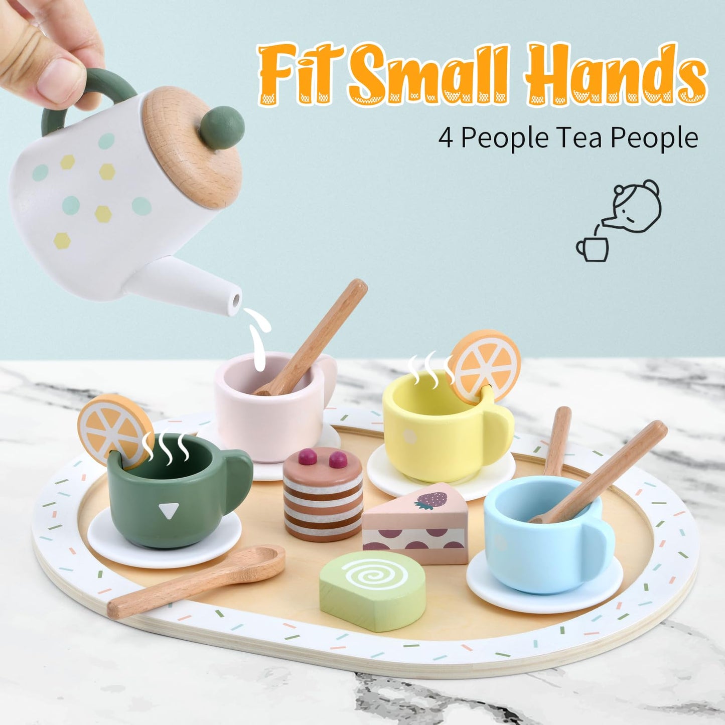 WHOHOLL Wooden Tea Party Set for Little Girls Play Food, Toddler Girl Toys Play Kitchen Accessories with Teapot Tea Cup Dessert