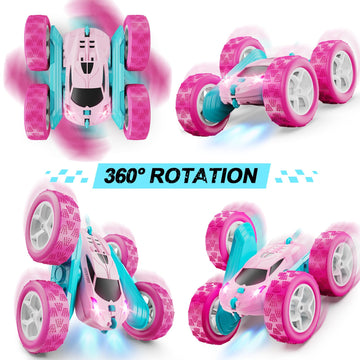 HIEKYOIT Remote Control Car, Pink RC Cars for Girls, 2.4 GHZ Double Sided RC Stunt Car 360 Rotating Remote Control Crawler with