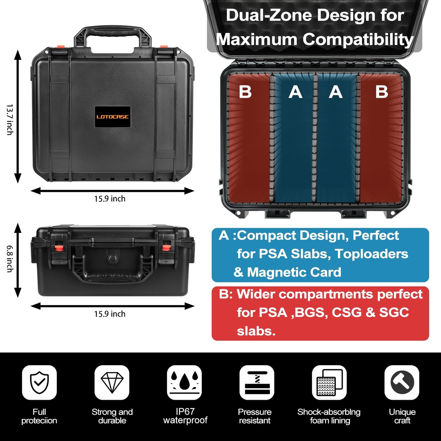 Card Storage Box for Graded Sports Cards - Extra Large Baseball Card Storage Box with 16 Dividers for PSA BGS SGC | Waterproof Trading Card Storage Case Fits Slab Top Loader Magnetic