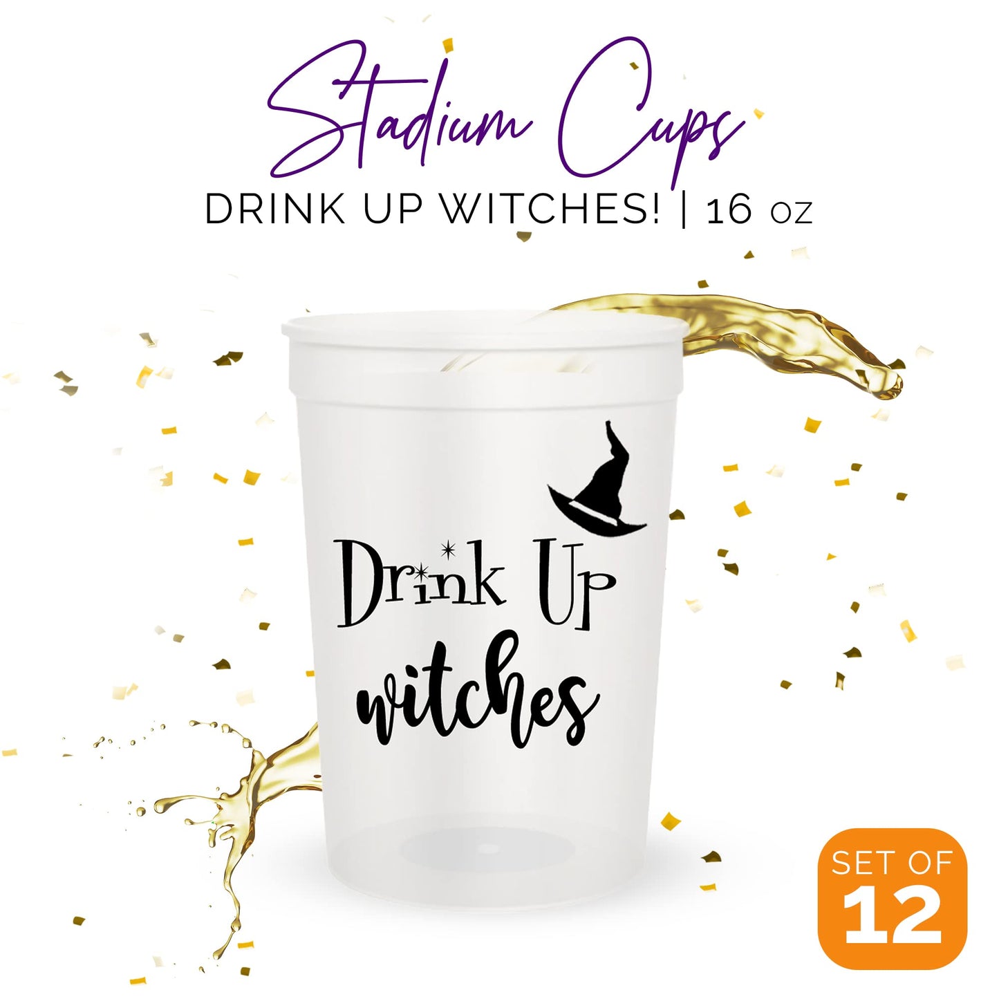 Drink Up Witches Halloween Cups For Adults, Set of 12 Party Cups, 16 Oz Each Reusable Plastic Cup, Halloween Party Favors For Ad