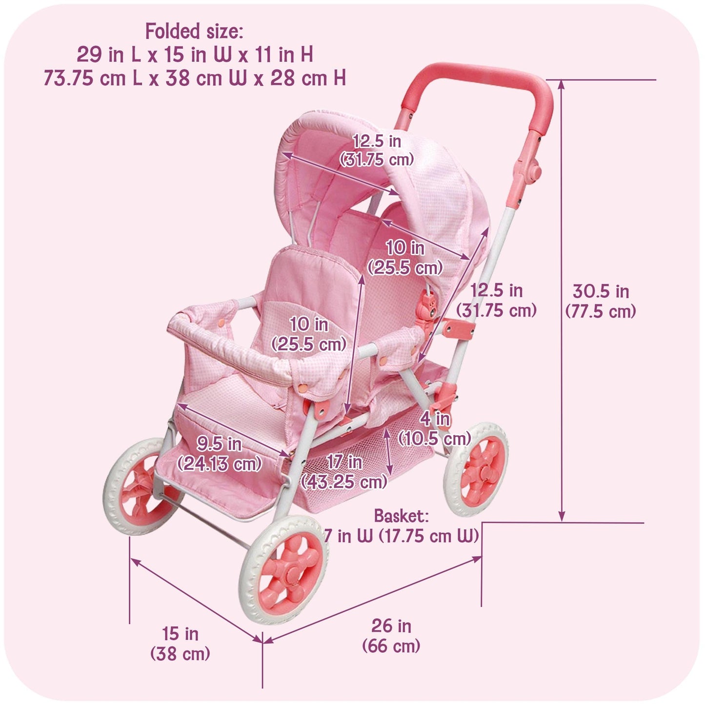 Badger Basket Double Front to Back Stroller for Dolls - Lightweight Foldable Toy Pram with Gingham Fabric Canopy and Storage Bas