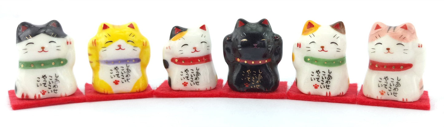 Yakushigama Mini Maneki Neko Set - 6 Antique Black Porcelain Cat Figurines