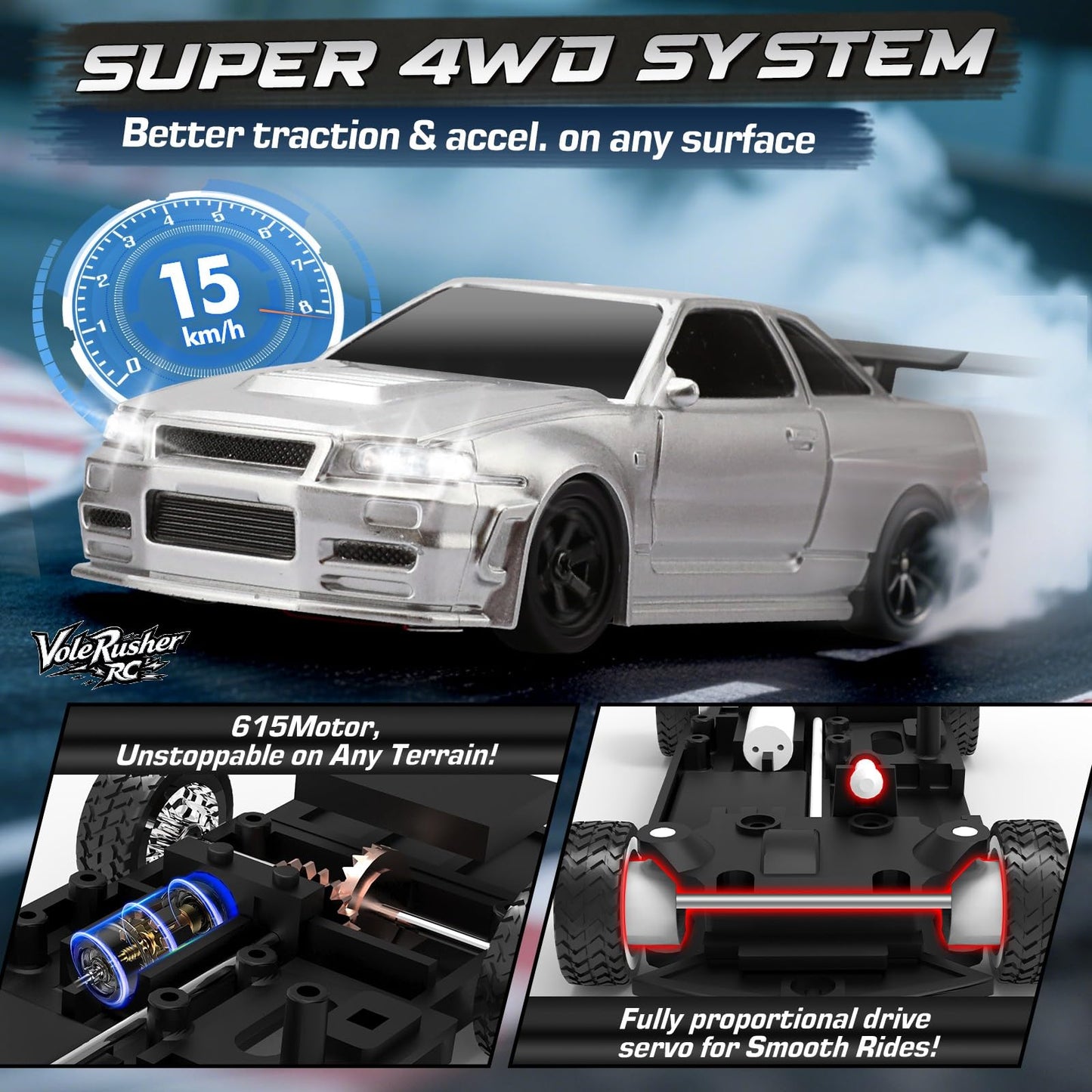 VoleRusher RC Mini Drift Car - 1/43 Scale, Silver, ABS Material, Age 8-14, RTR 2.4GHz Remote, includes 2 Tire Sets &