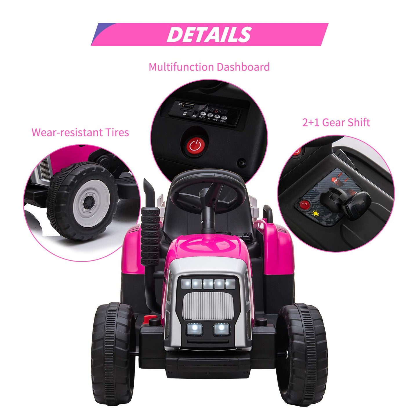 12V Kids Battery Powered Electric Tractor With Trailer, Toddler Ride On Car With Remote Control/ 7-Led Headlights/ 2+1 Gear Shift/Music Player/Usb Port For Kids 3-6 Years,Rosered,35W/ Eva Tire