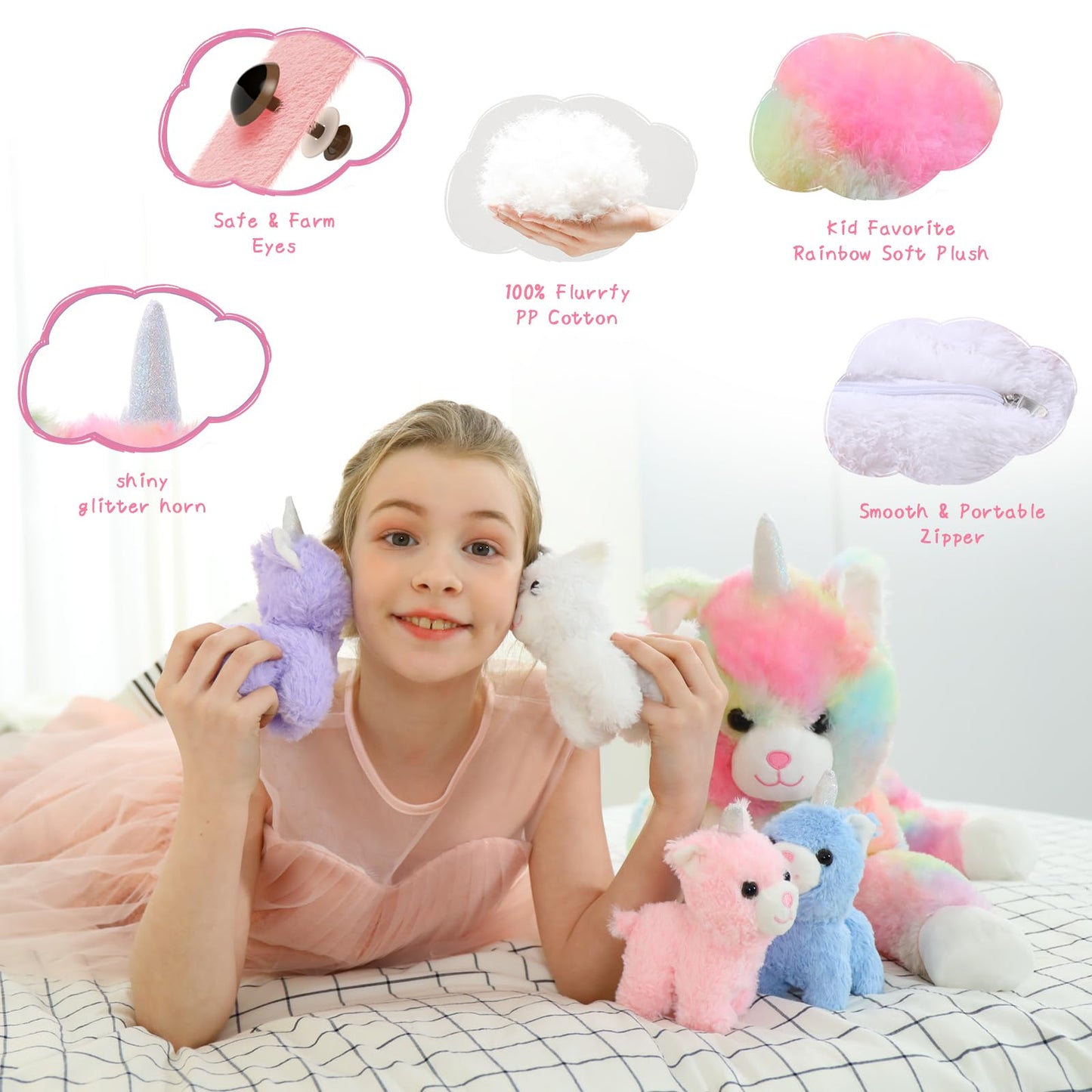 Morismos Unicorn Kitty Cat Stuffed Animal With Caticorn Babies, 22'' Mommy Cat And 4 Baby Kitten Stuffed Animals, Rainbow Cat Unicorn Plush Pillow, Kitty Unicorn Toy For Girls Boys Birthday Gift